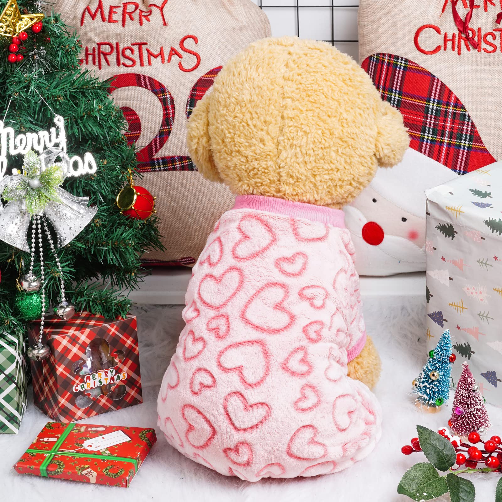Dxhycc Fleece Dog Pajamas Cute Dog Heart Pajamas Puppy Jumpsuit Pajamas Warm Soft Pet Holiday Clothes For Small Medium Cats And Dogs (Pink, S)
