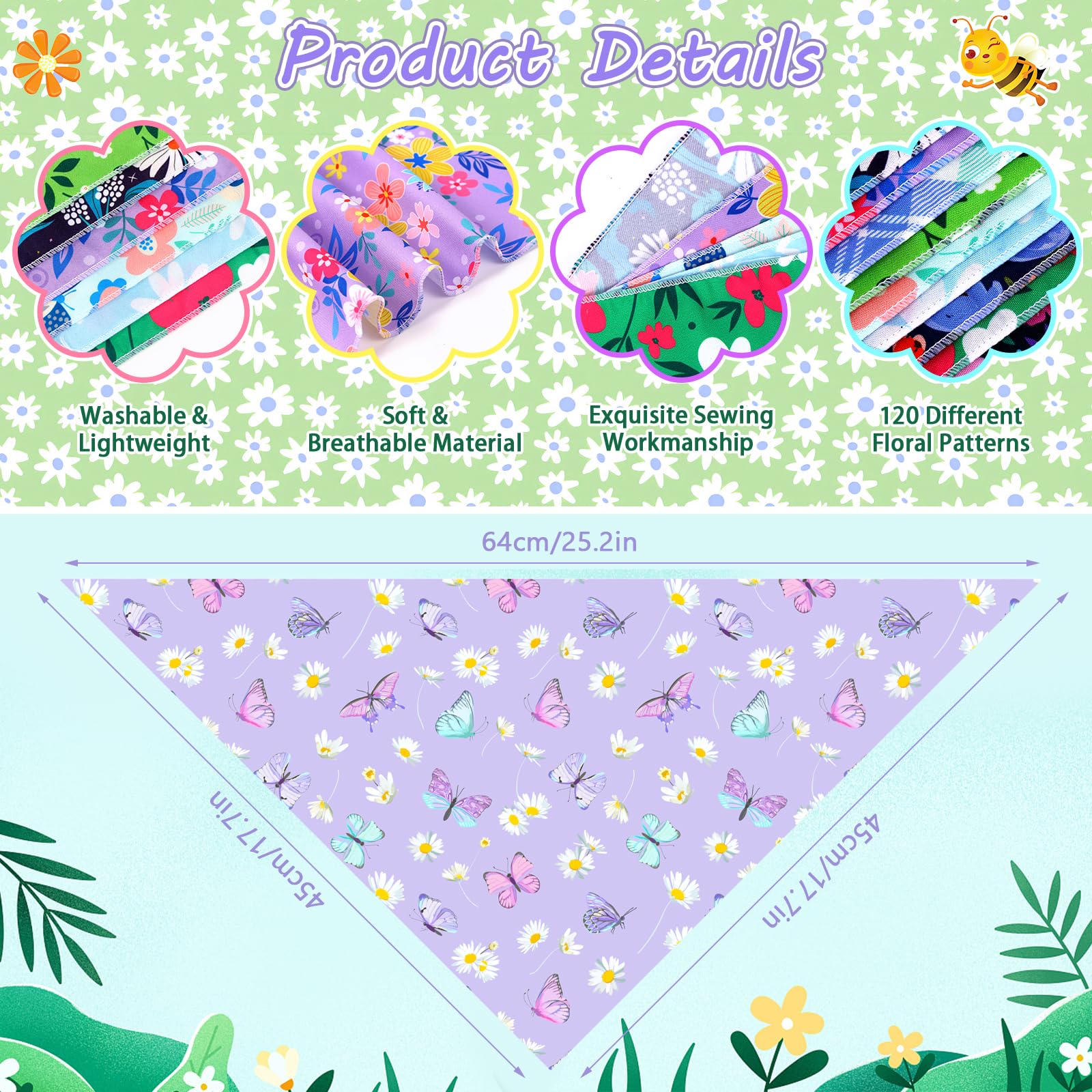 120 Pcs Spring Summer Dog Bandanas Bulk Adjustable Floral Puppy Scarves Pet Bandana Washable Flower Puppy Grooming Bandana For M