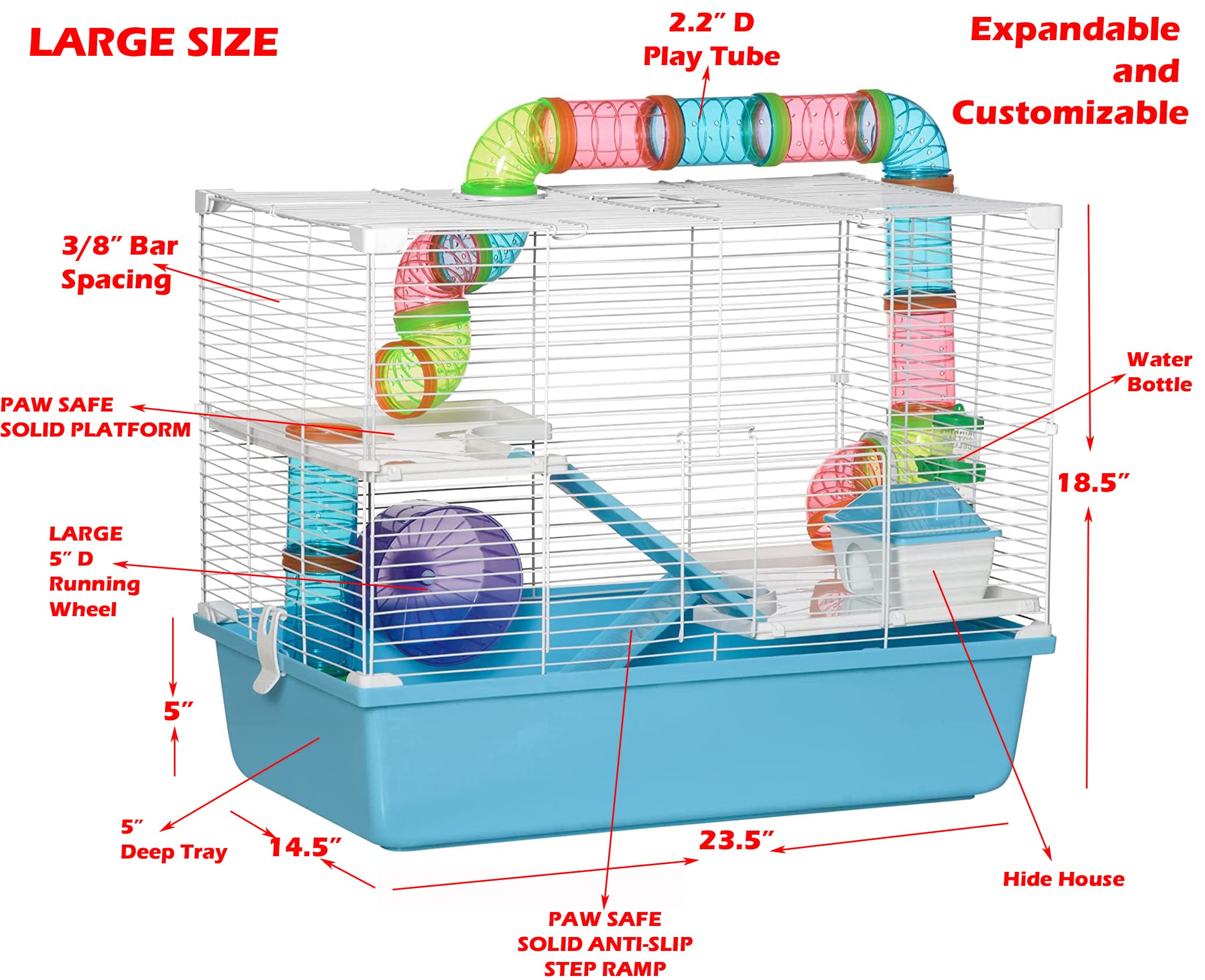 Large Deluxe 3-Tiers Hamster Gerbil Mouse Mice Habitat House Critters Cage with Complete Set of Accessories Expandable and Custo