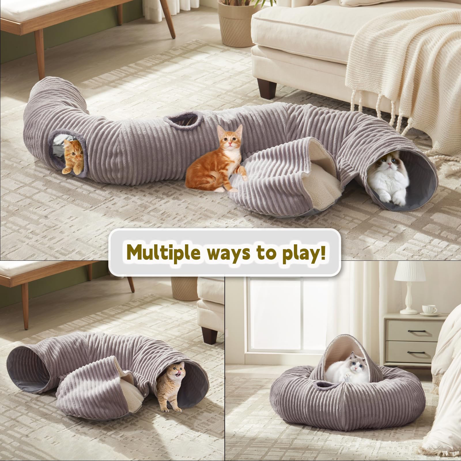 Large Cat Tunnel Bed for Indoor Cats,Cat Donut Tunnel Toy with Washable Circle Cushion,Blackout Tent, Multifunctional Playground