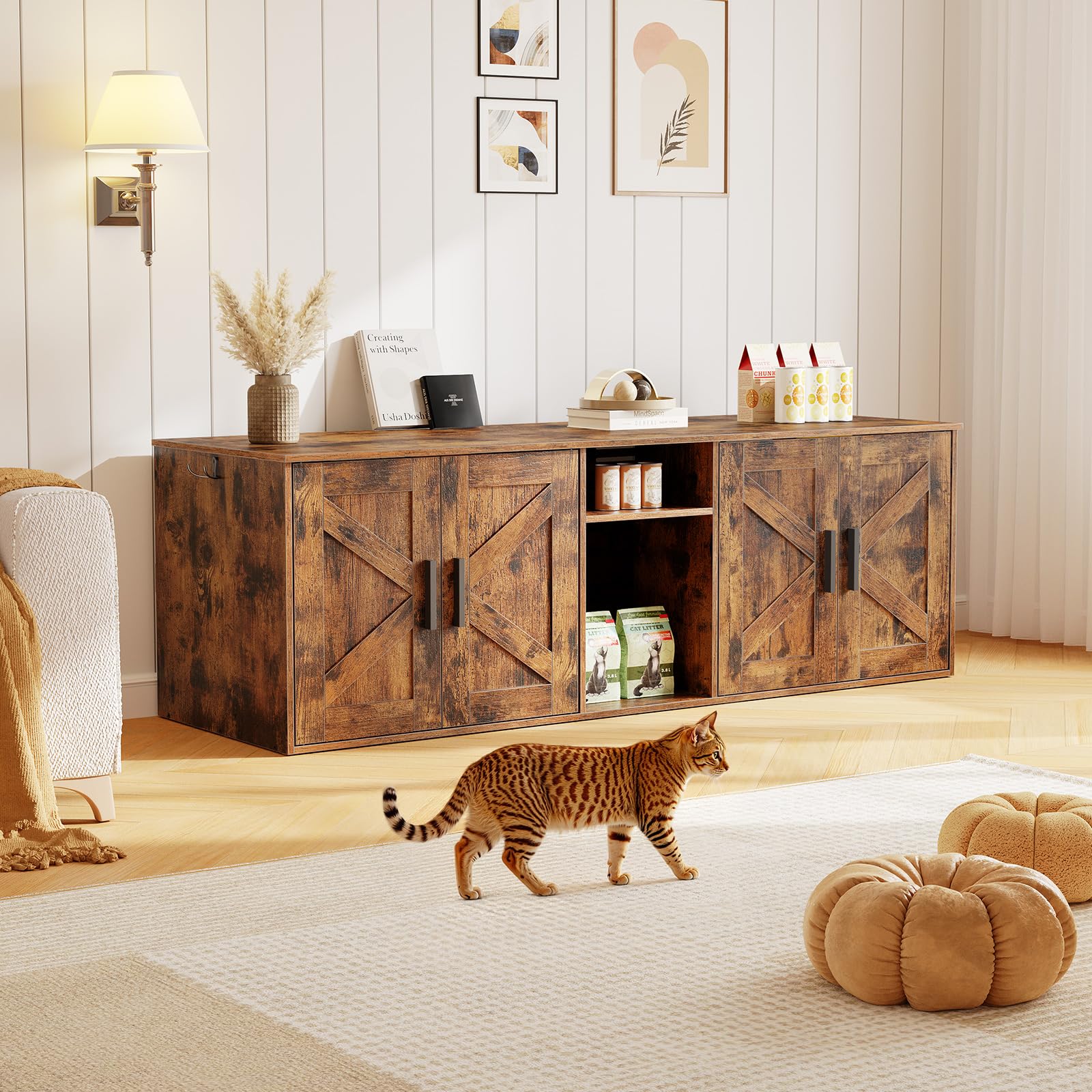 Hoobro 58.3' Cat Litter Box Enclosure, Litter Box Furniture For 2 Cats, Cat House With Corridor, Tv Stand With Storage, Litter