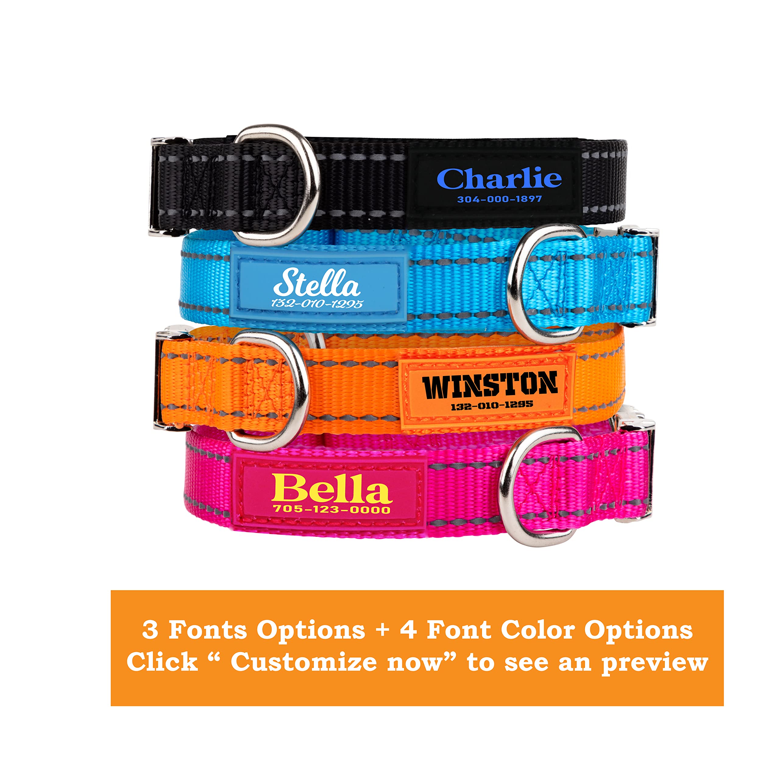 PAWBLEFY Personalized Reflective Dog Collar - Adjustable Nylon, Small to Large, 4 Colors (Blue, Pink, Orange, Black), Model CWBD-ad2484