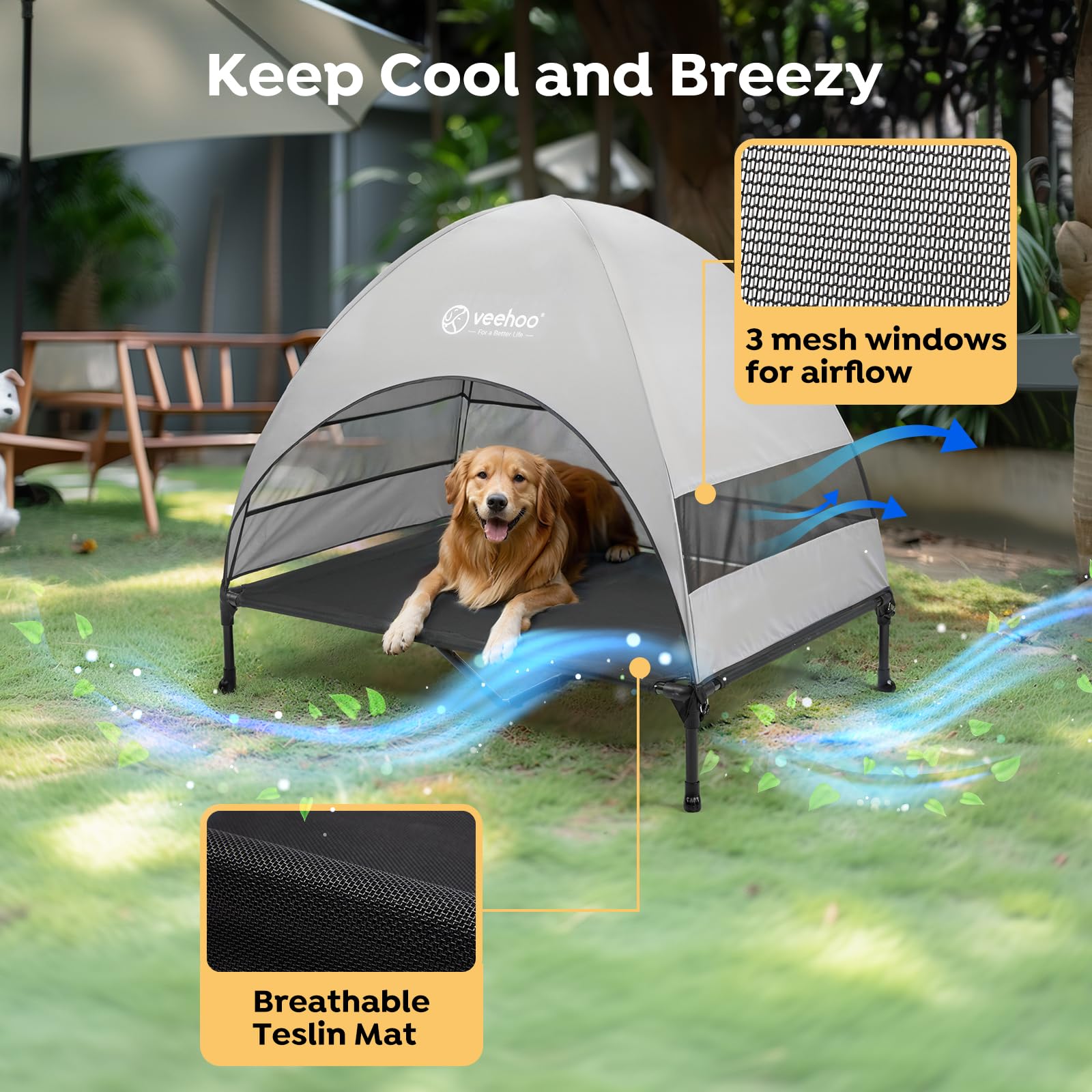 Veehoo Elevated Dog Bed with Canopy, XL 49"x33", Black/Grey, Cooling Teslin Mesh, Non-Slip Feet, Ideal for Camping & Beach