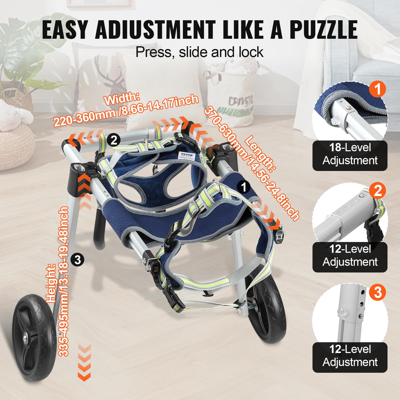 VEVOR 2 Wheels Dog Wheelchair for Back Legs, Pet Wheelchair Lightweight & Adjustable Assisting in Healing, Dog Cart for Injured,