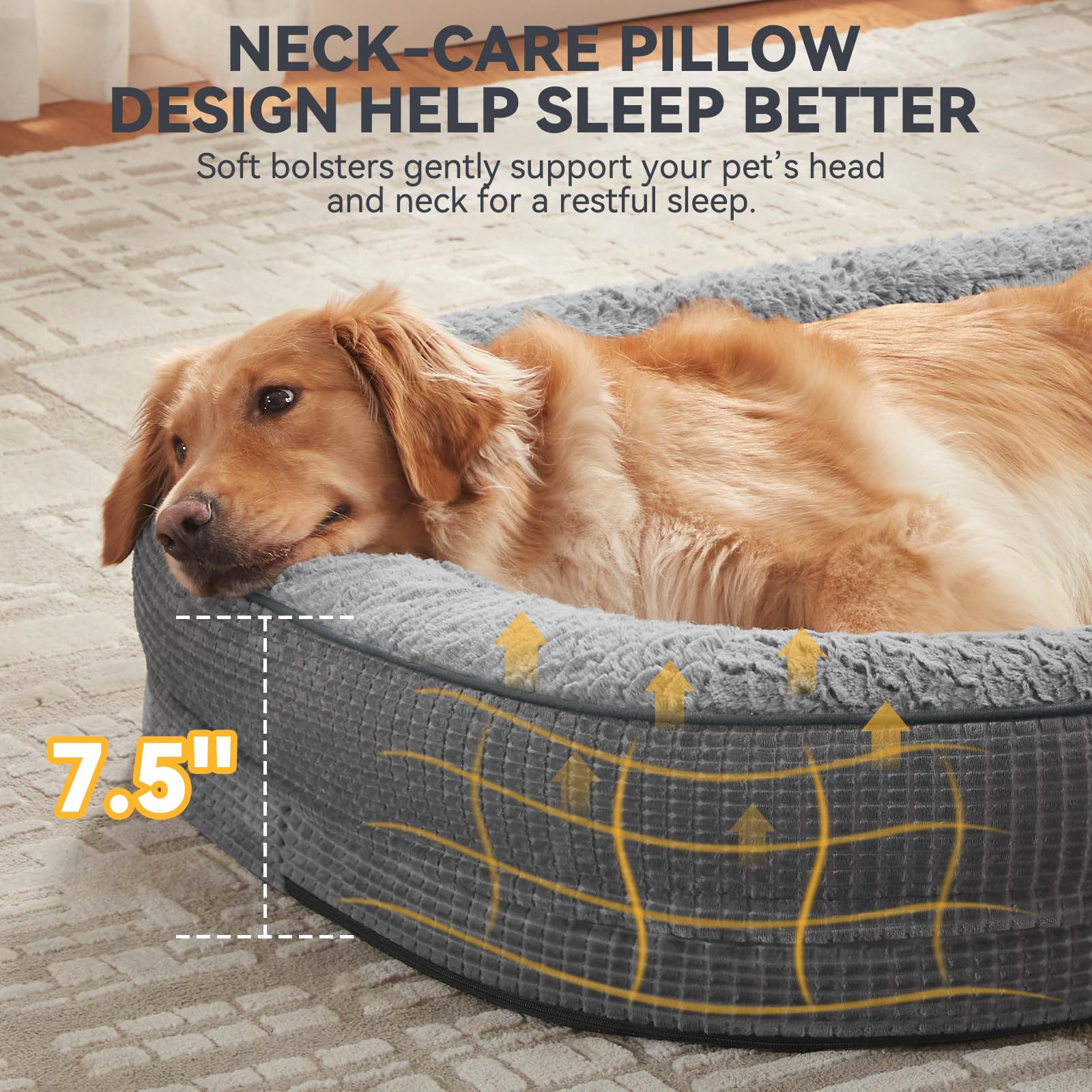 JOEJOY Orthopedic Dog Bed for Large Dogs, Grey Egg-Crate Memory Foam, Waterproof, L(35"x25"x7"), Removable Cover, Non-Slip Bottom