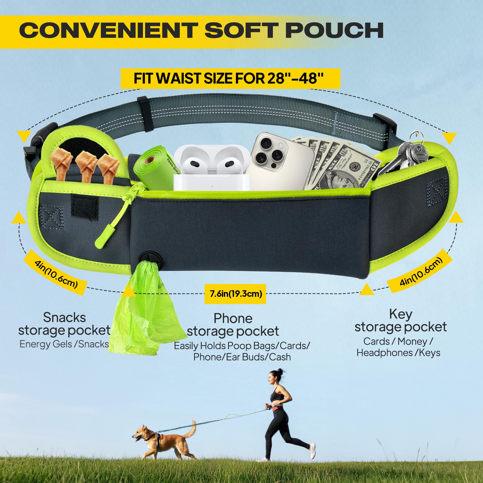 Fida 3-In-1 Hands Free Dog Leash With Zipper Pouch & Bungee, Reflective Crossbody Waist Running Leash For Dogs With Traffic Hand