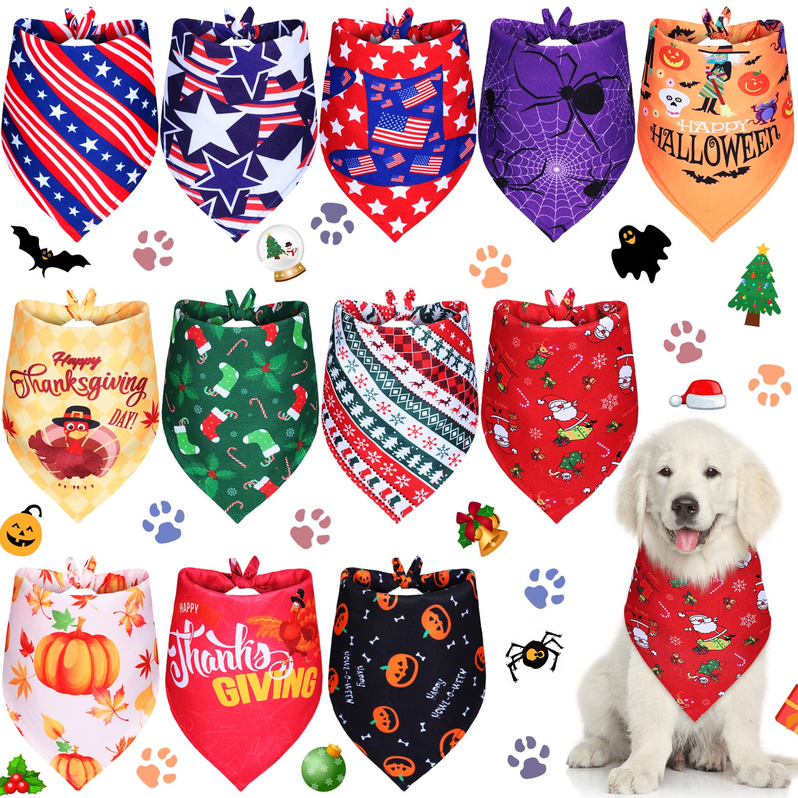 Weewooday 12 Pcs Holiday Dog Bandanas Bulk For Dogs Christmas Dog Bandana Boys Girls Thanksgiving Winter Dog Bandana Holiday Seasonal Dog Bandana Accessories For Small Medium Large Size Dog(Large)