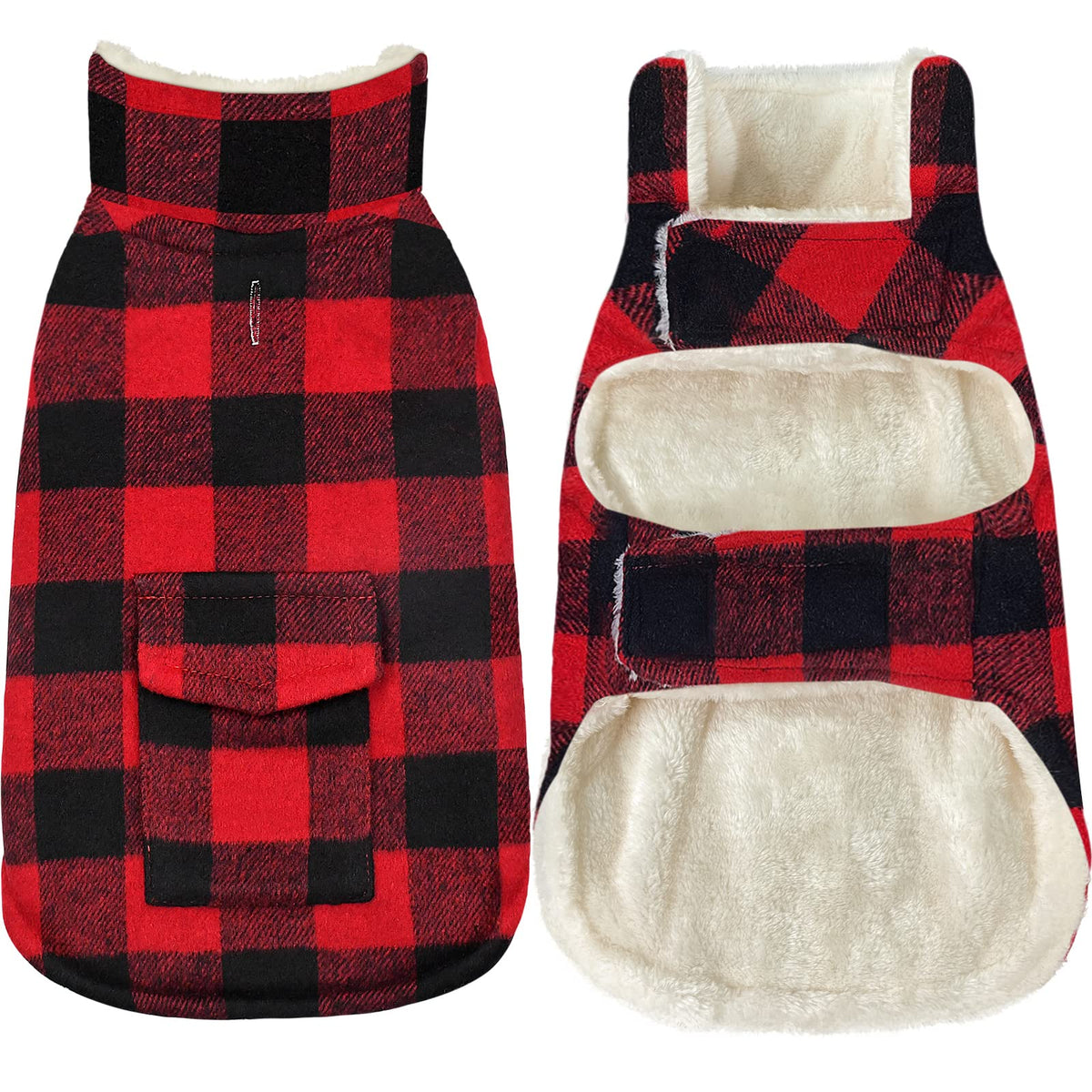 Malier Classic Plaid Fleece Dog Coat - Warm Winter Jacket With Pocket, Windproof For Small, Medium, Large Dogs (Red, X-Large)