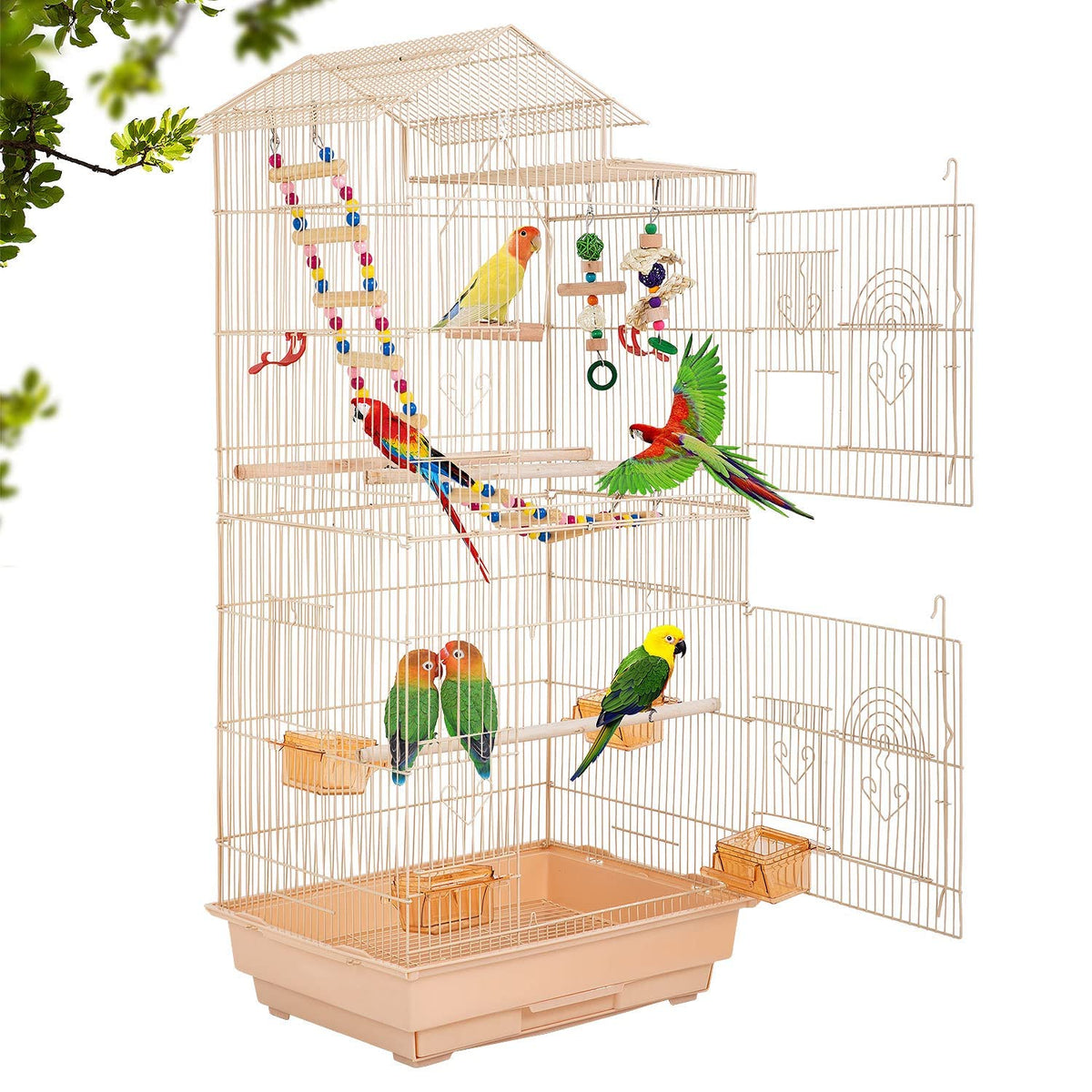 Bestpet 39 Inch Roof Top Large Flight Parrot Bird Cage Accessories Medium Roof Top Large Flight Cage Parakeet Cage For Small Cockatiel Canary Parakeet Sun Parakeet Pet Toy (Almond)