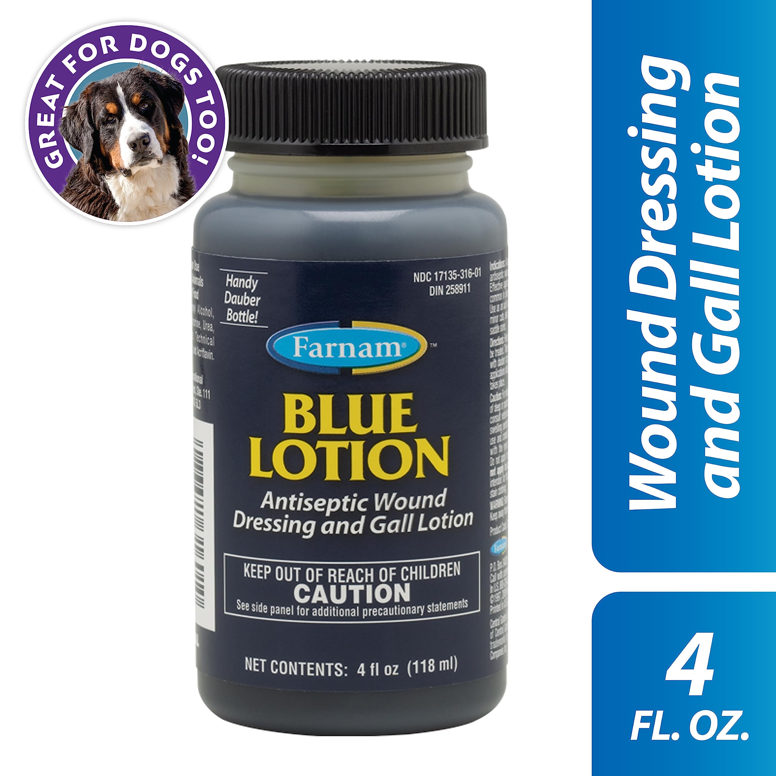 Farnam Blue Lotion Antiseptic Wound Dressing for Horses & Dogs, 4 oz - Effective Gall Lotion in Blue Color