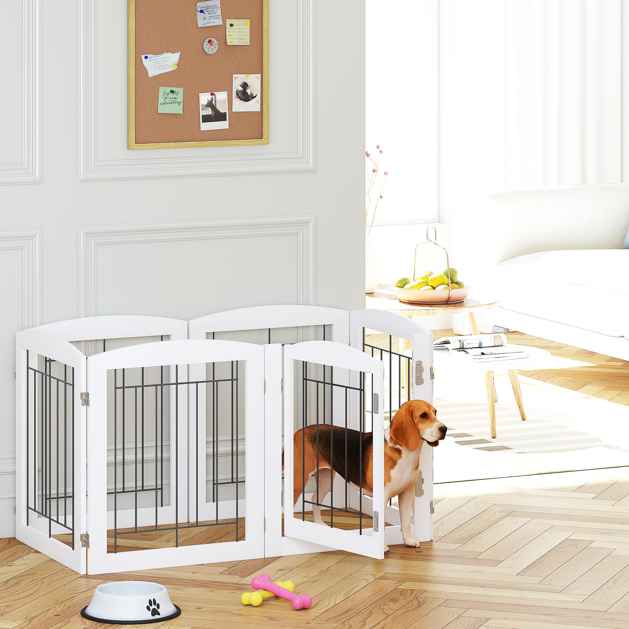 PAWLAND 6 Panels Dog Gate Indoor with Walk Through Door, Foldable FreeStanding Pet Gate for Doorways, Stairs, The Houes, Pet Pup