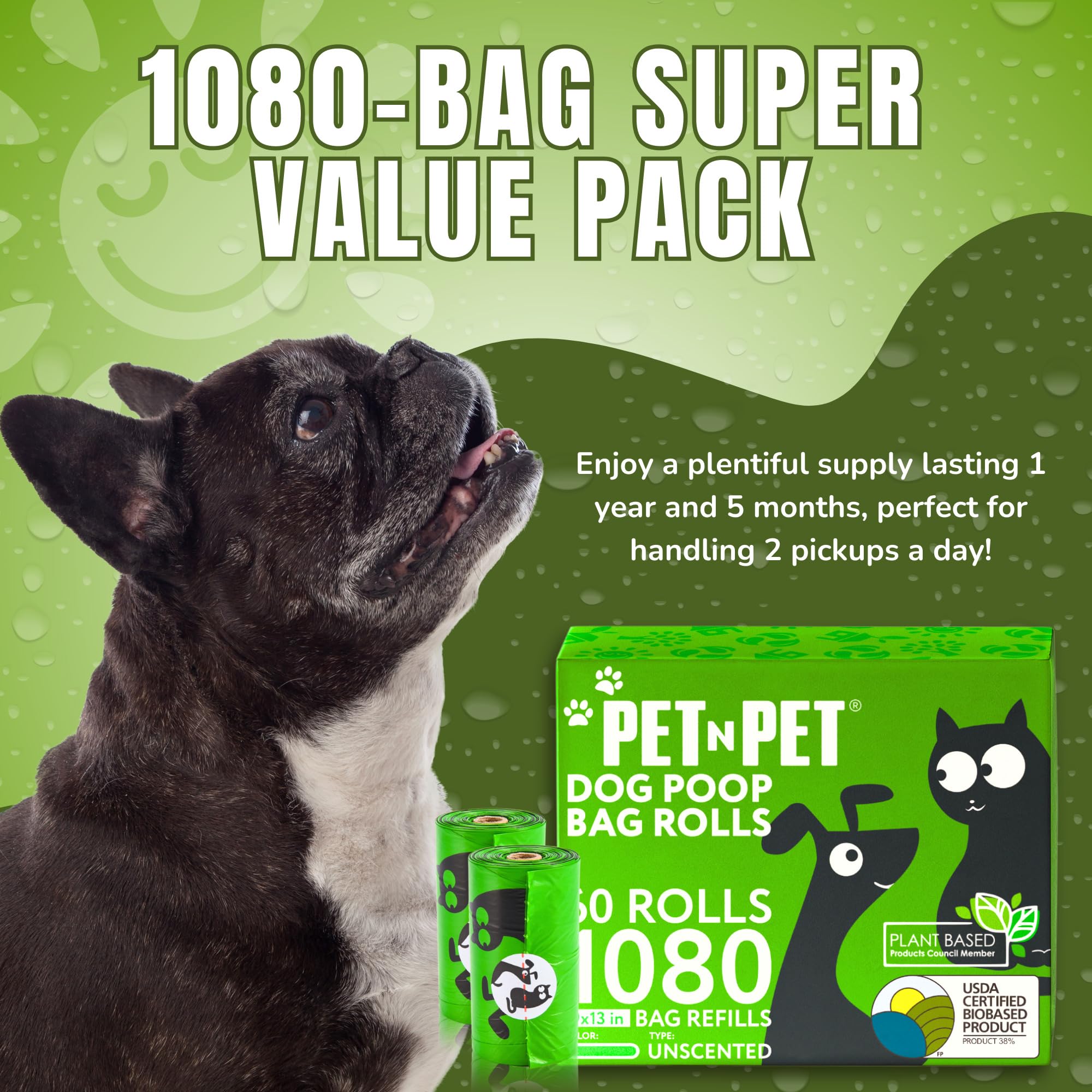 Pet N Pet 1080 Counts Green Poop Bags For Dogs, 38% Plant Based & 62% Pe Extra Thick Dog Poop Bags Rolls, 9' X 13', Unscented Pet Waste Bag