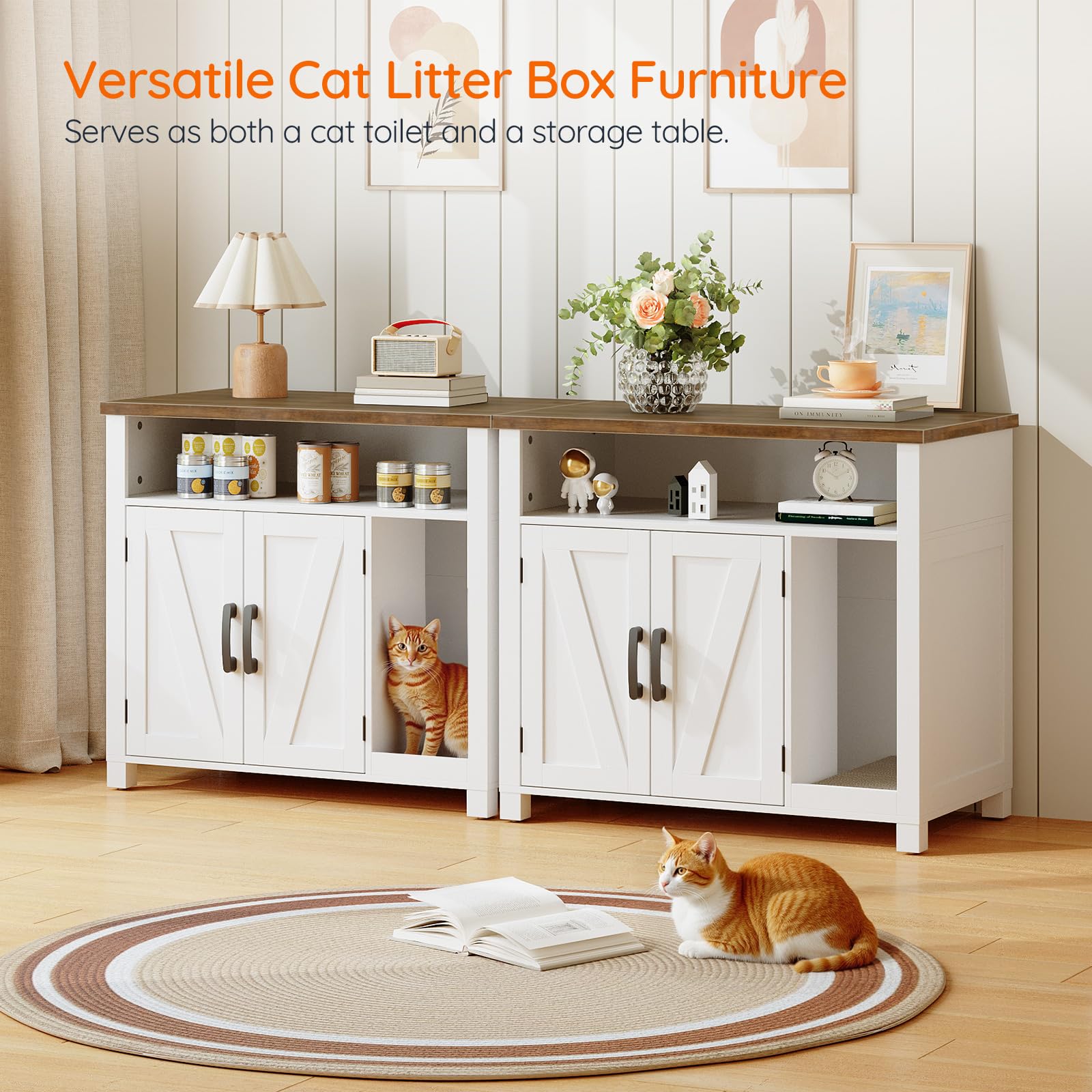 HOOBRO Cat Litter Box Enclosure, White & Walnut, 31.5"L x 17.7"W x 27.6"H, Engineered Wood, Model WH24MW01