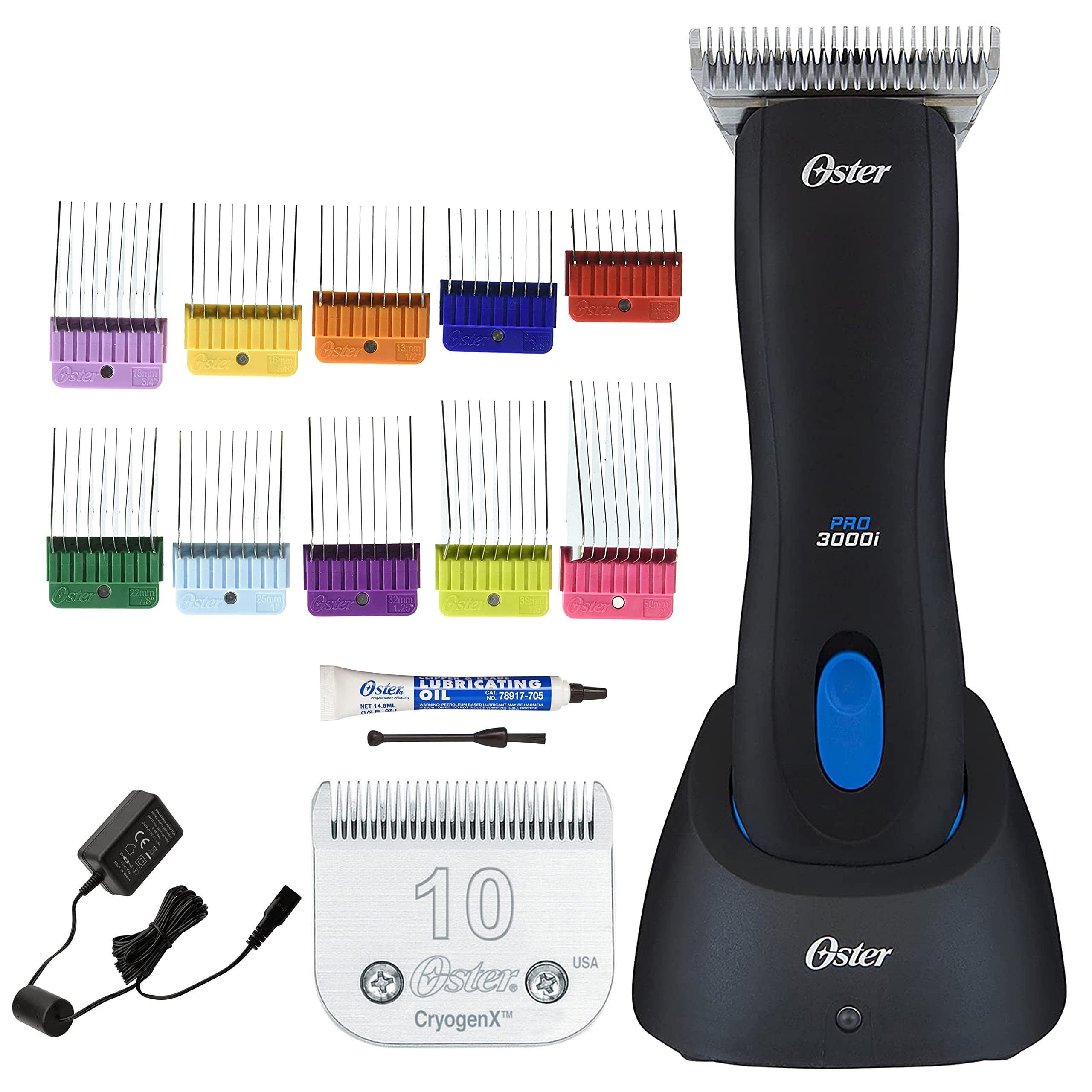 Oster Pro 3000I Cordless Lithium Ion Animal Pet Clipper With Size 10 Cryogenx Blade 10-Piece Stainless Steel Pet Clipper Guide Comb Kit