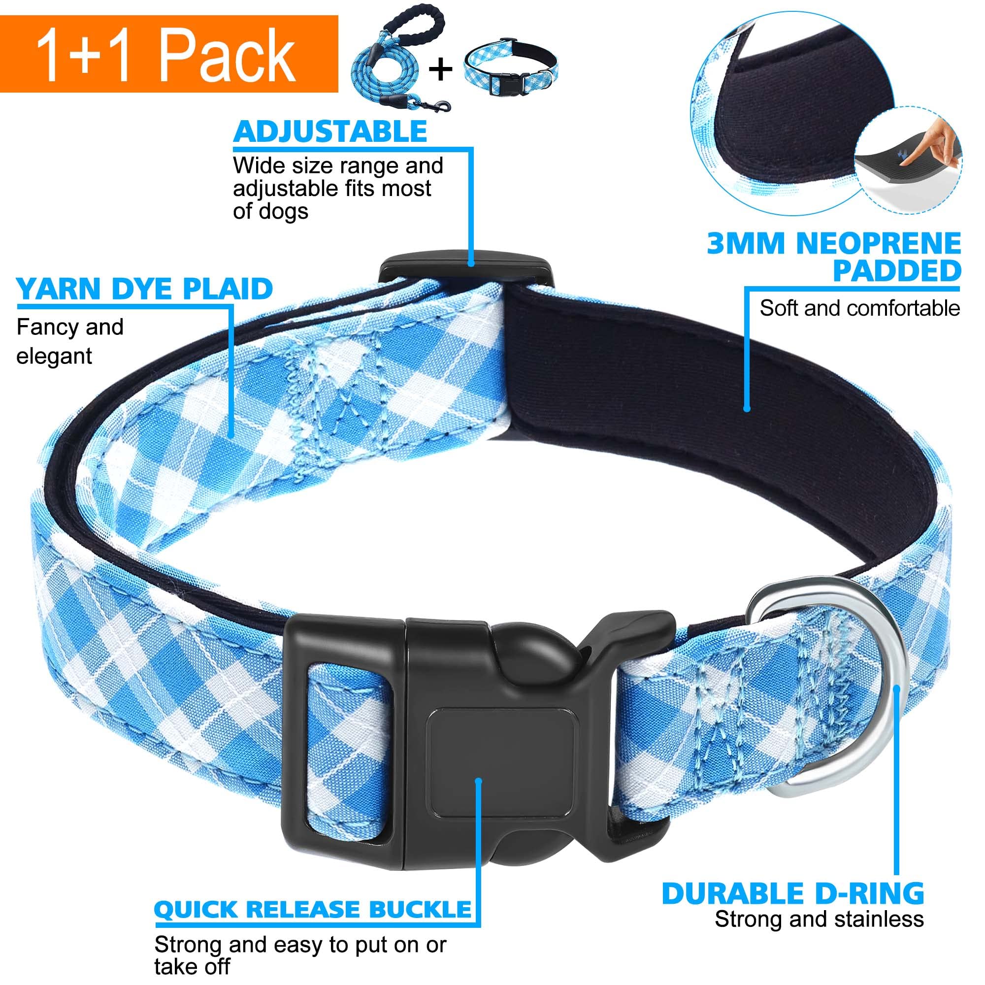 Ladoogo Reflective Dog Collar Padded With Soft Neoprene Breathable Adjustable Nylon Dog Collars For Small Medium Large Dogs (X-Small (Pack Of 1), Vivid Blue Plaid Collar+Leash)
