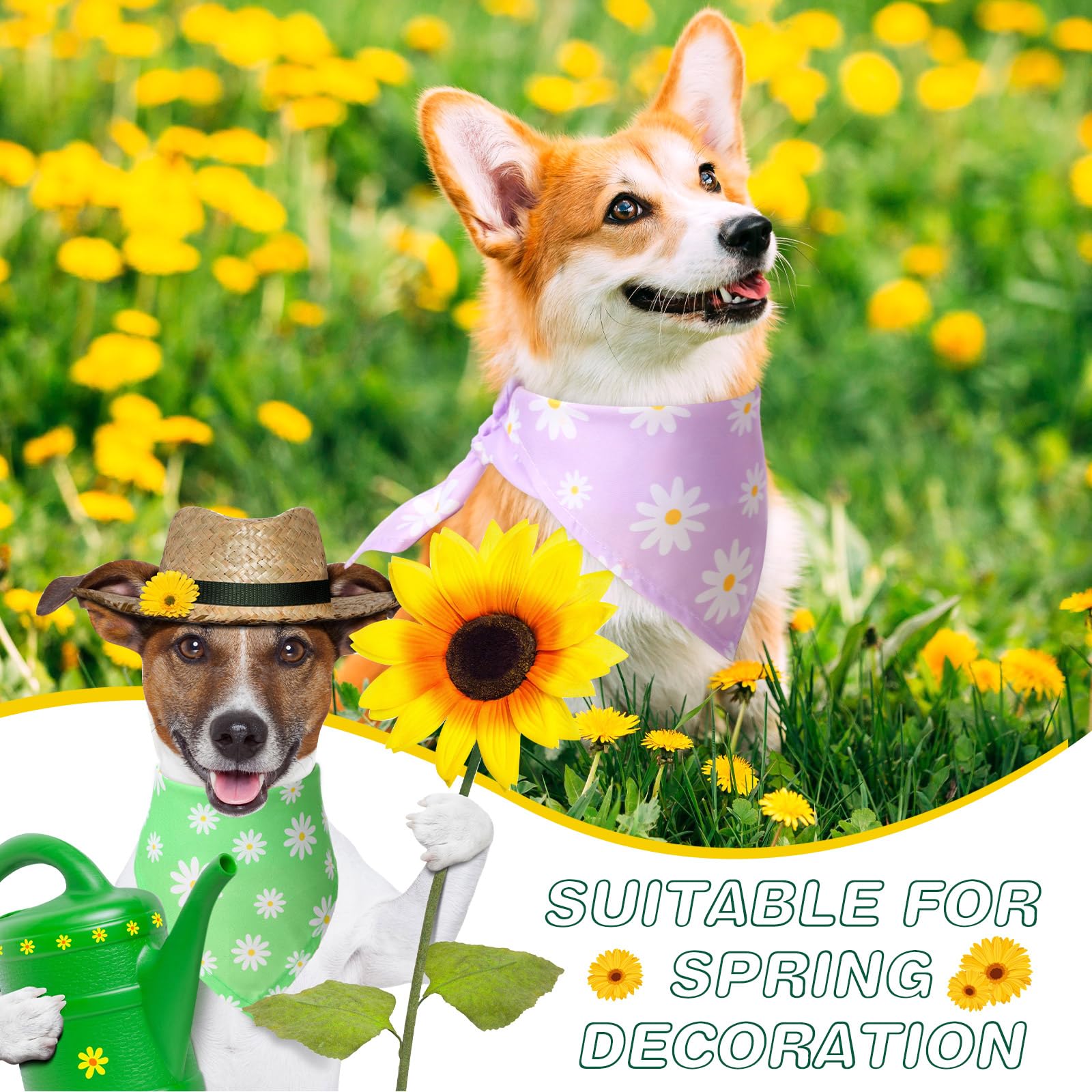 Weewooday 12 Pieces Daisy Dog Bandanas Flower Floral Green and Purple Bandanas for Dogs Triangle Handkerchief Scarf for Small Me