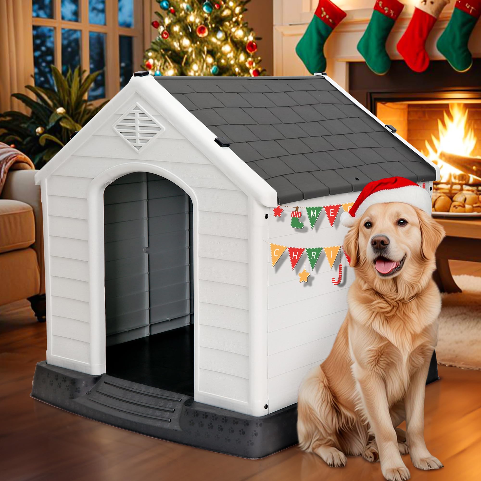 Large Dog House Indoor Outdoor Plastic Durable Dog House Insulated Puppy Shelter With Air Vents Elevated Floor
