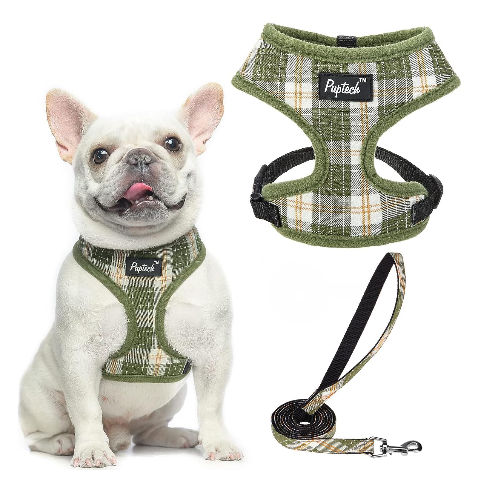 Pupteck Soft Mesh Dog Harness And Leash Set Pet Puppy Cat Comfort Padded Vest No Pull Harnesses, Olive Green, M
