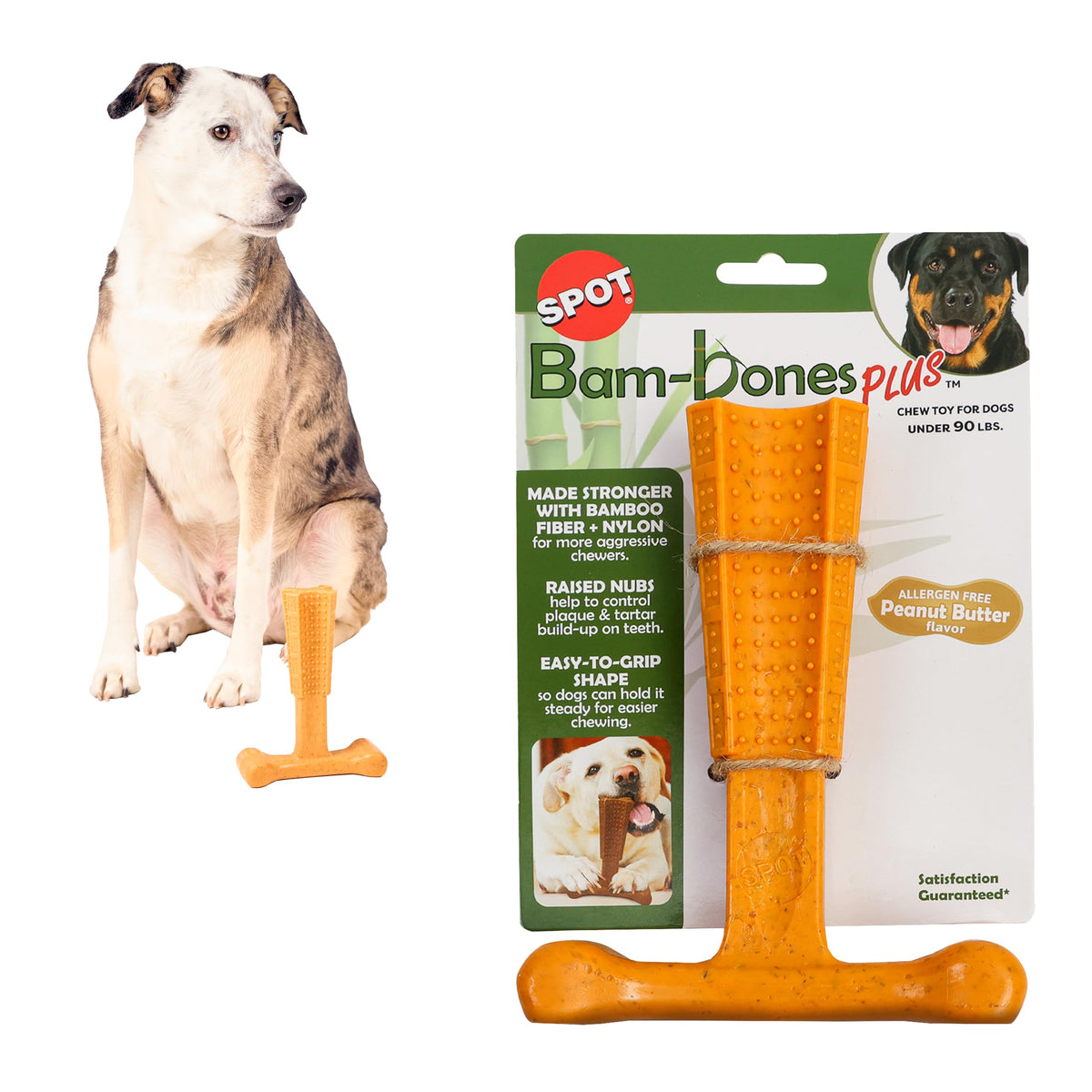 Spot Bam-Bones Plus T Bone - Bamboo Fiber & Nylon, Durable Long Lasting Dog Chew For Aggressive Chewers – Toy For Dogs & Puppies Under 90Lbs, Non-Splintering, 7In, Allergen Free Peanut Butter Flavor