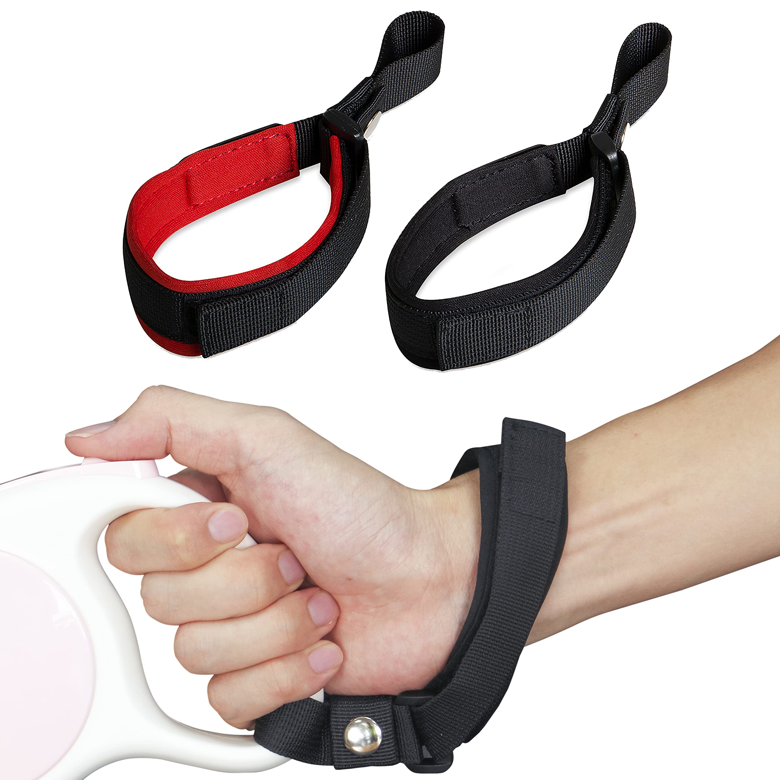 LFCXHTY Hands Free Adjustable Wrist Strap, Soft Comfortable Diving Fabric Safety Strap for Retractable Dog Leash (Black & Red, 2