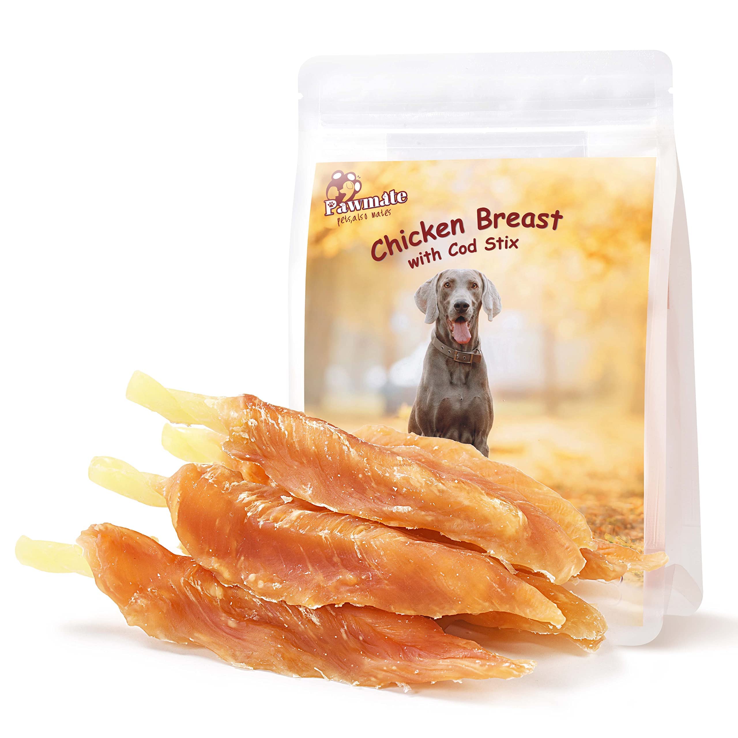 Pawmate Chicken Wrapped Cod Sticks Dog Treats, Healthy Rawhide-Free High Protein Chicken Tender Dog Jerky Soft Chews Training Re