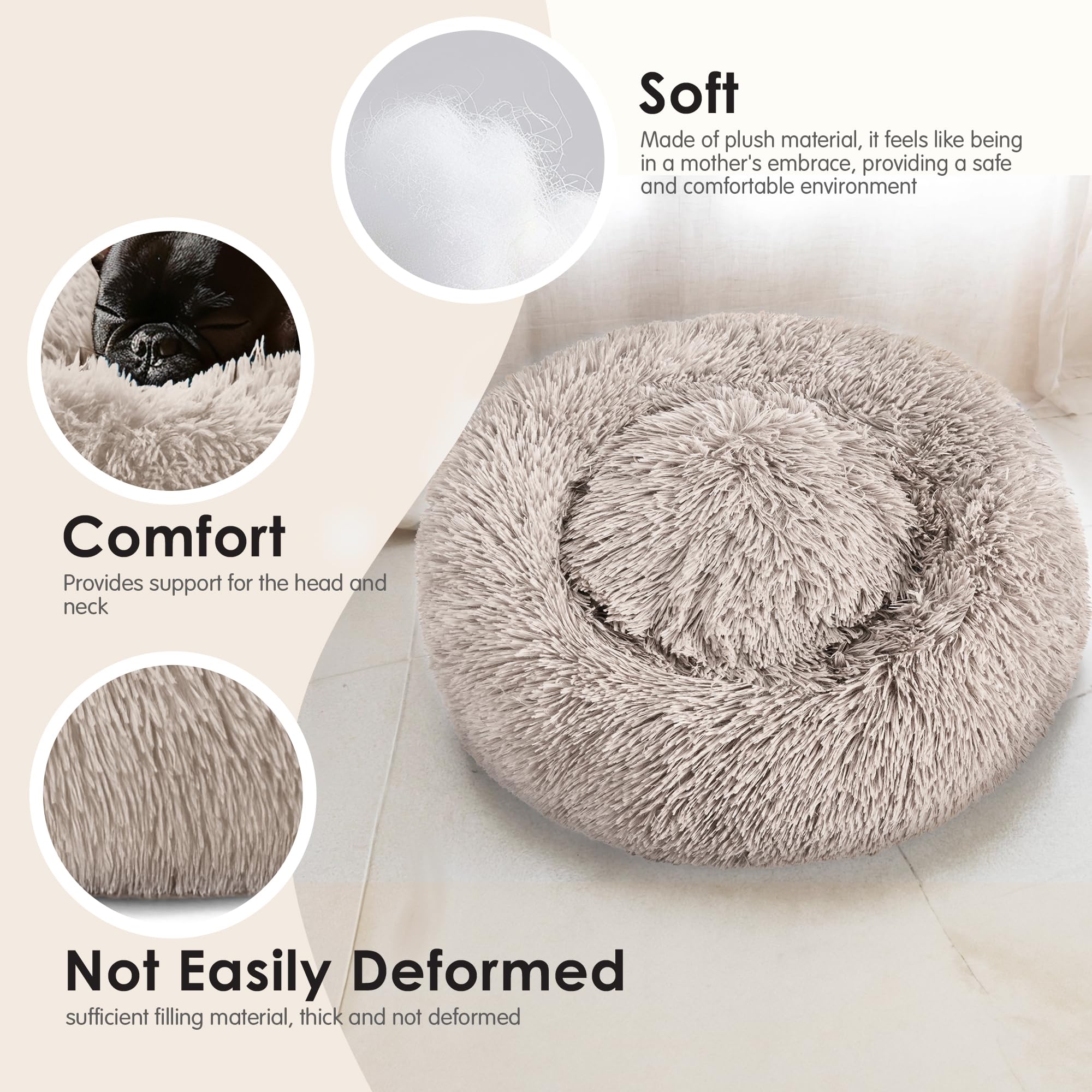 Dogs Bed for Small Dogs, Anti-Anxiety Washable Round Bed (Brown, 24.0 L x 24.0 W x 8.0 Th)