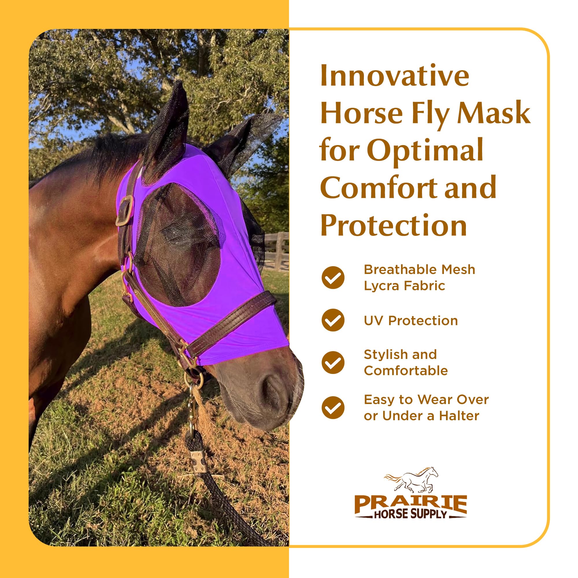 Prairie Horse Supply - UV Fly Mask with Ears for Horses - stretchy Comfort Fit Design - Horse Fly Protection for Trail and Pastu