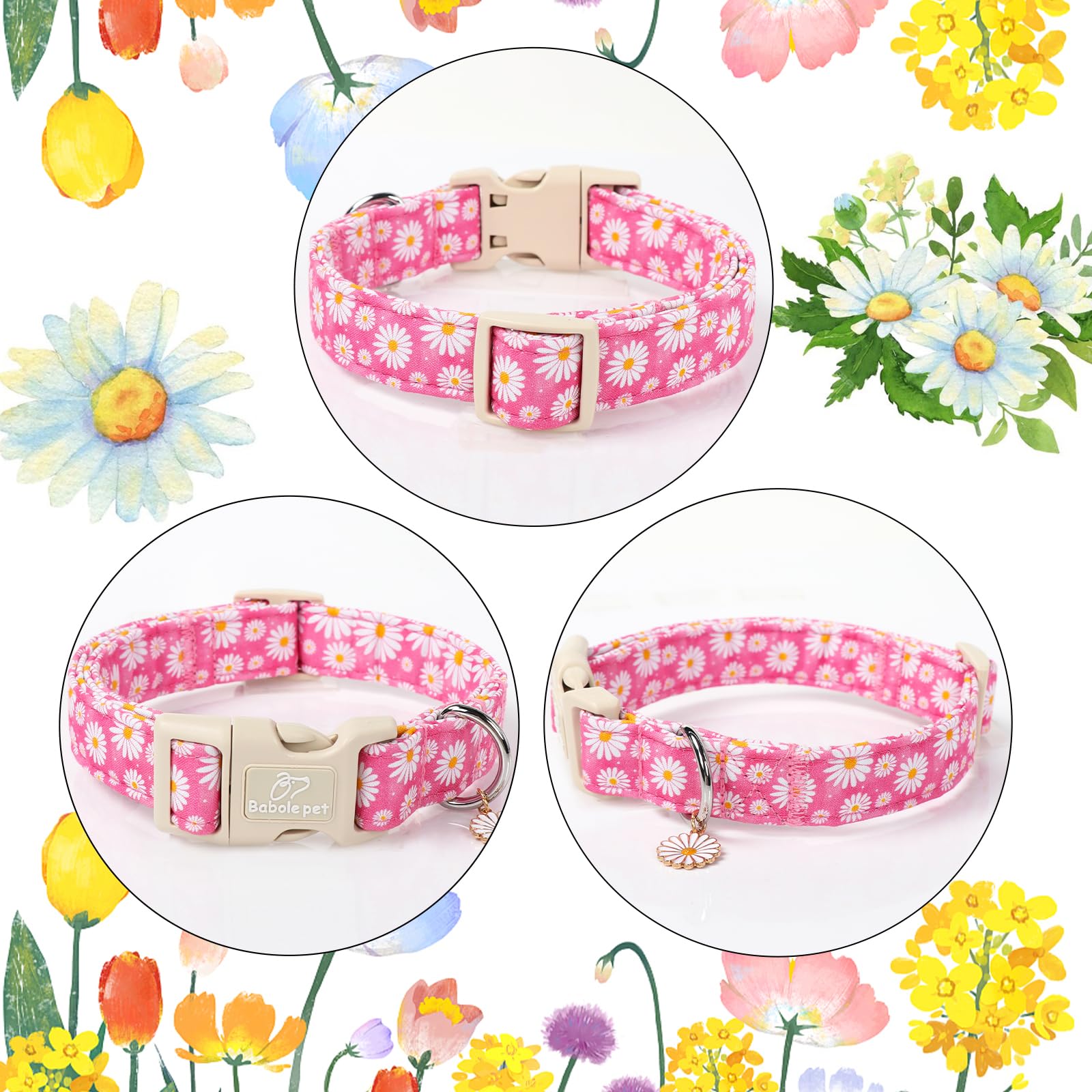 Babole Pet Summer Daisy Dog Collar, Cute Floral Adjustable Pink Dog Collars For Giant Large Dogs, Lightweight Quick-Release Buck