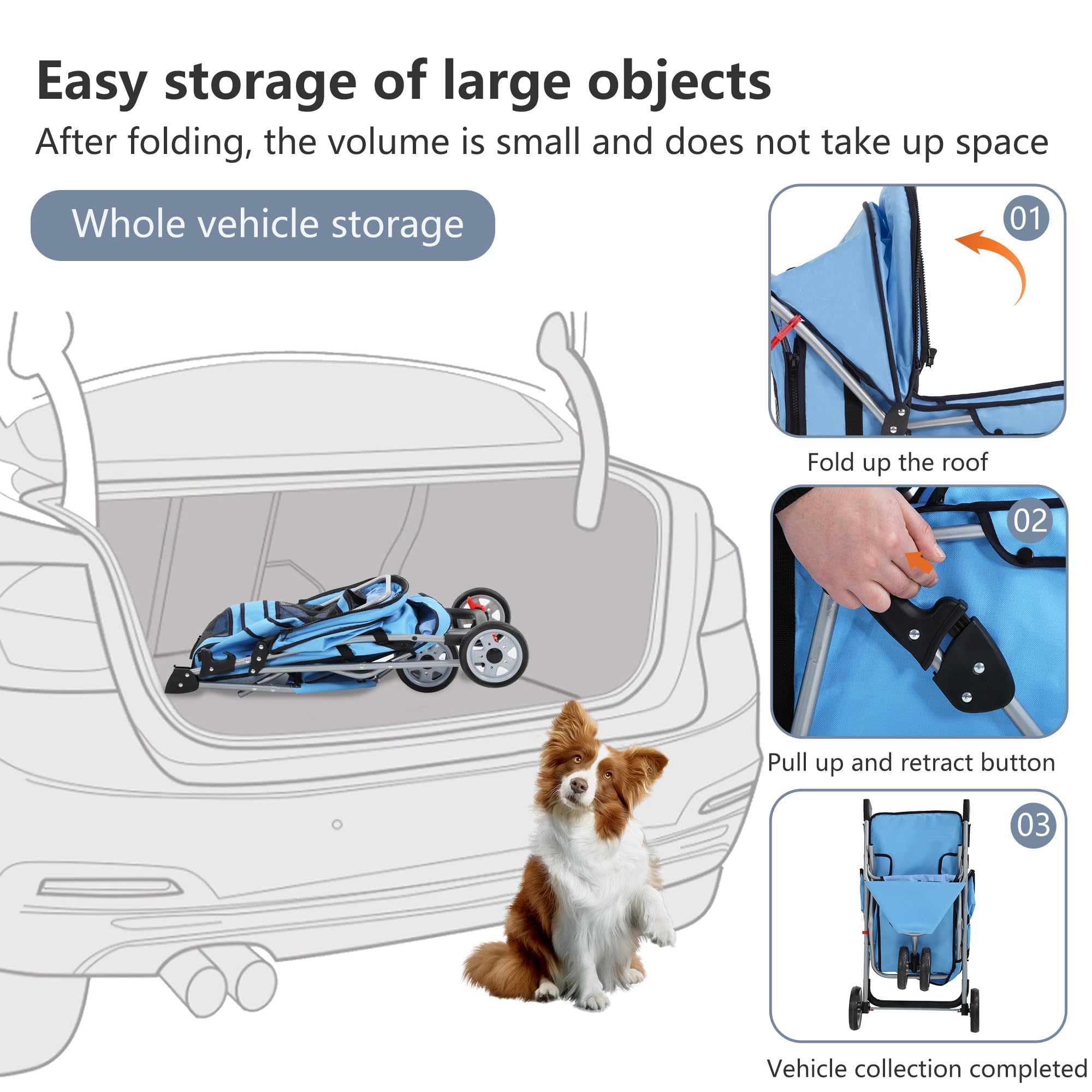 Fdw Pet Stroller 3-Wheel Durable Foldable Cat Dog Stroller With Washable Liner Storage Basket Cup Holder,Blue