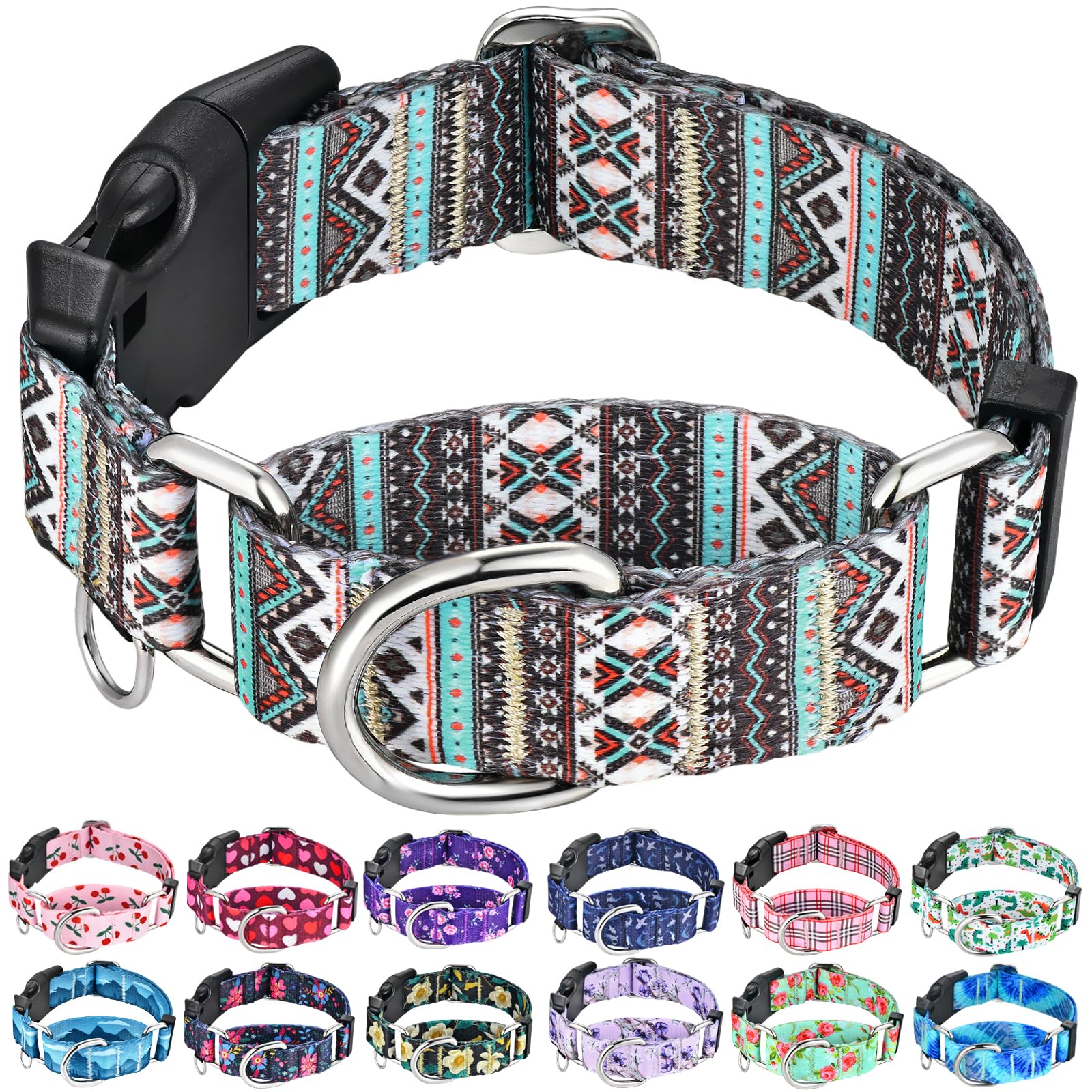 Fidohug Martingale Dog Collar With Buckle Tribal Design Adjustable Escape Proof Pet Collars (Aztec, Large)