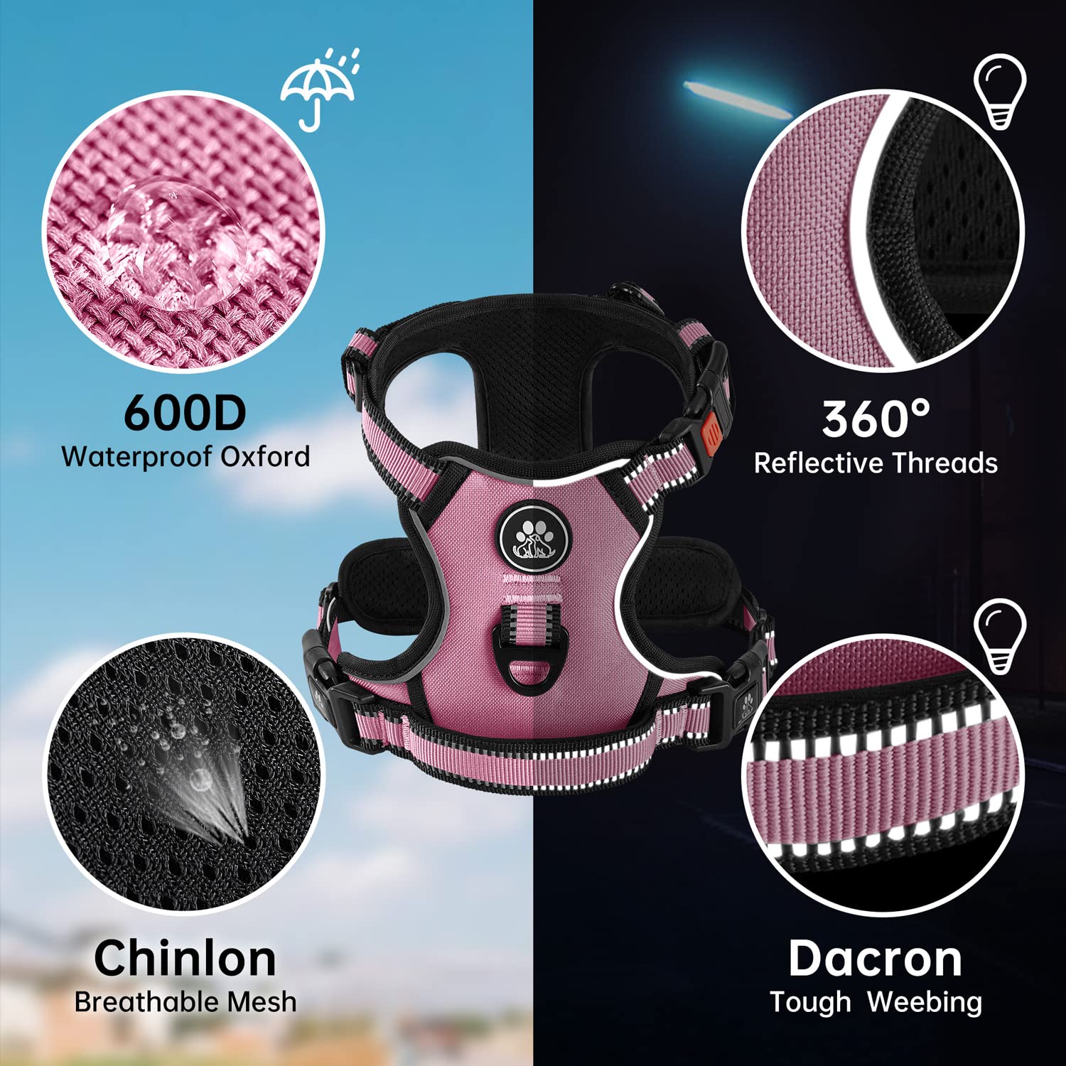 Nestroad No Pull Dog Harness,Adjustable Oxford Medium Dog Harness With Leash,Reflective No-Choke Pet Vest Harness With Easy Control Soft Handle For Small Medium Large Dogs(M,Pink)