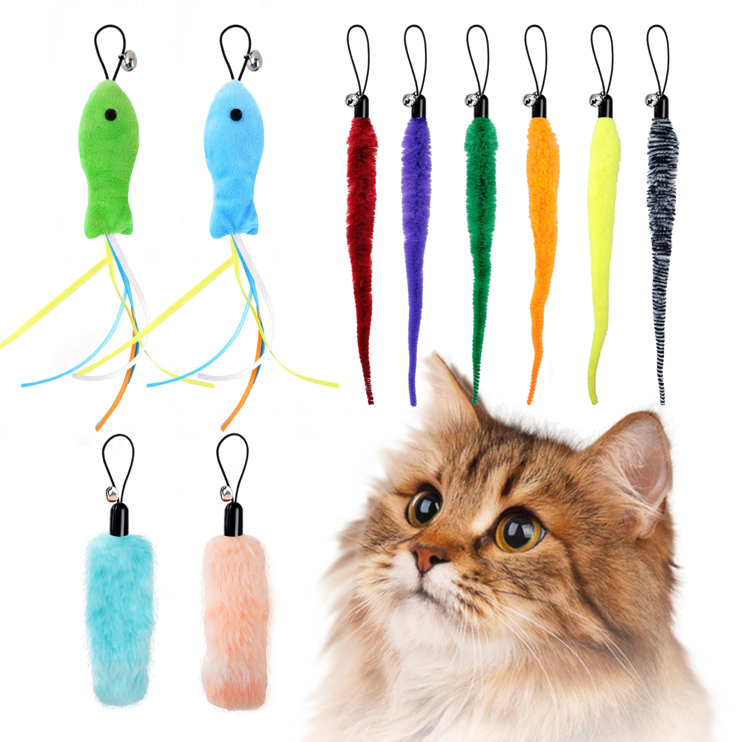 Aaa Amusang Cat Ball Toys Attachments - 10 Pcs Toy Refill Set, Includes 6 Worm, 2 Short Furry Worms, 2 Fish, Interactive Cat Fea