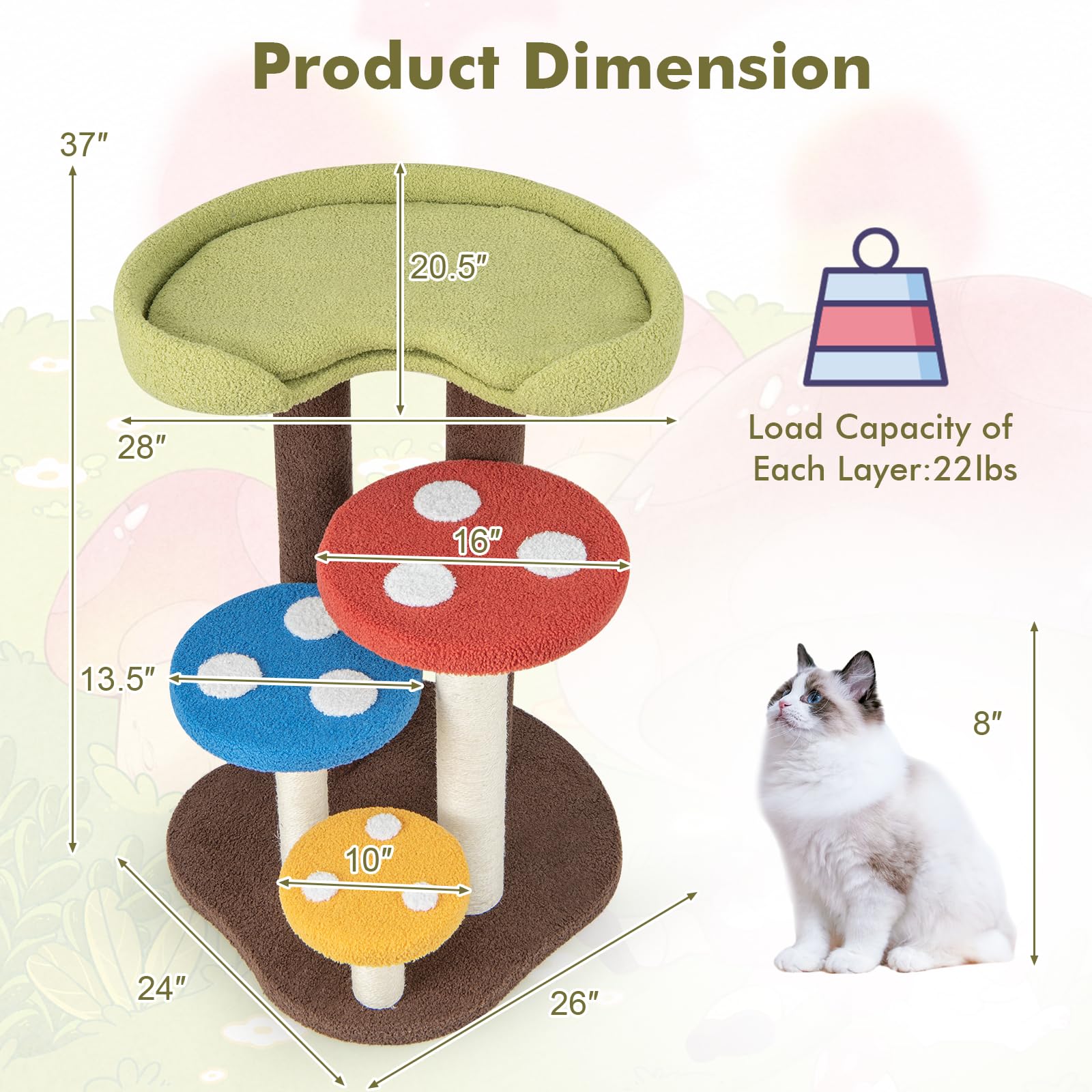 Tangkula Mushroom Cat Tree, Cute Cat Tower With Full-Wrapped Sisal Post, Unique Multi-Level Cat Activity Center, Cat Scratching
