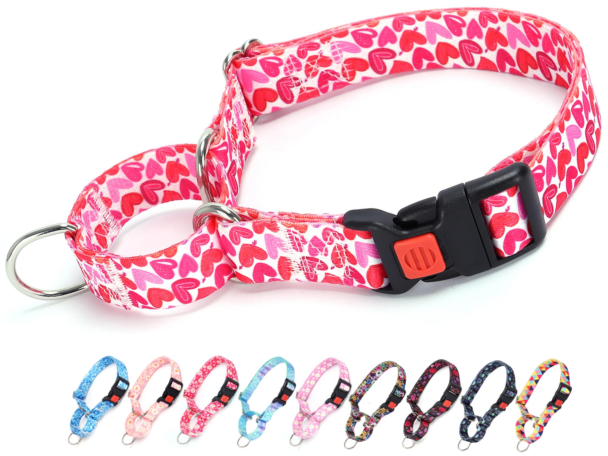 Martingale Collar For Dogs, Pink Heart Dog Collar For Small Medium Large Dogs, Girl Dog Collars With Quick-Release Buckle For Tr