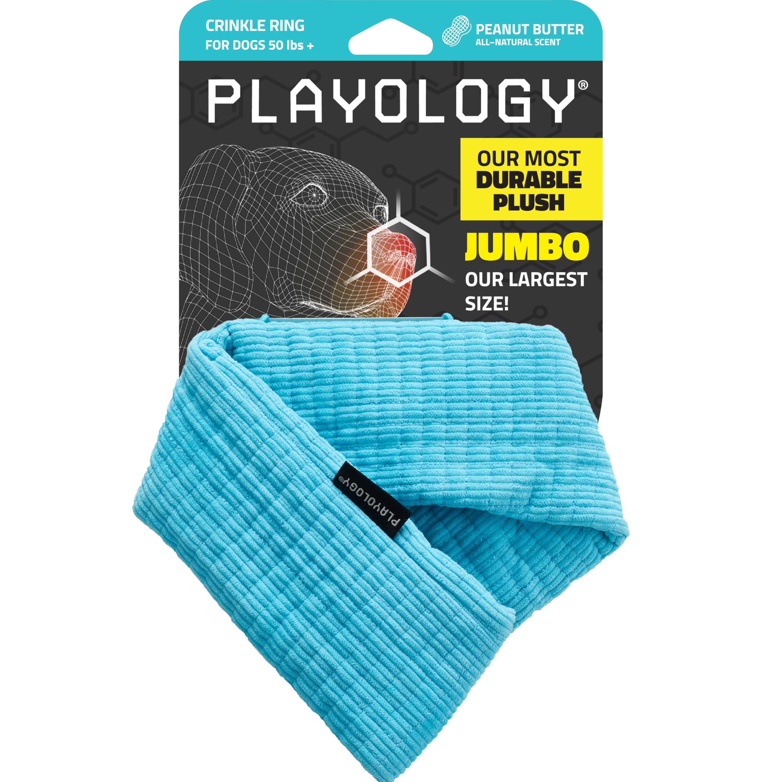 Playology Plush Crinkle Ring For Large To X-Large Dogs 50Lbs & Up | Engaging All Natural Peanut Butter Scented Plush Dog Toy | F