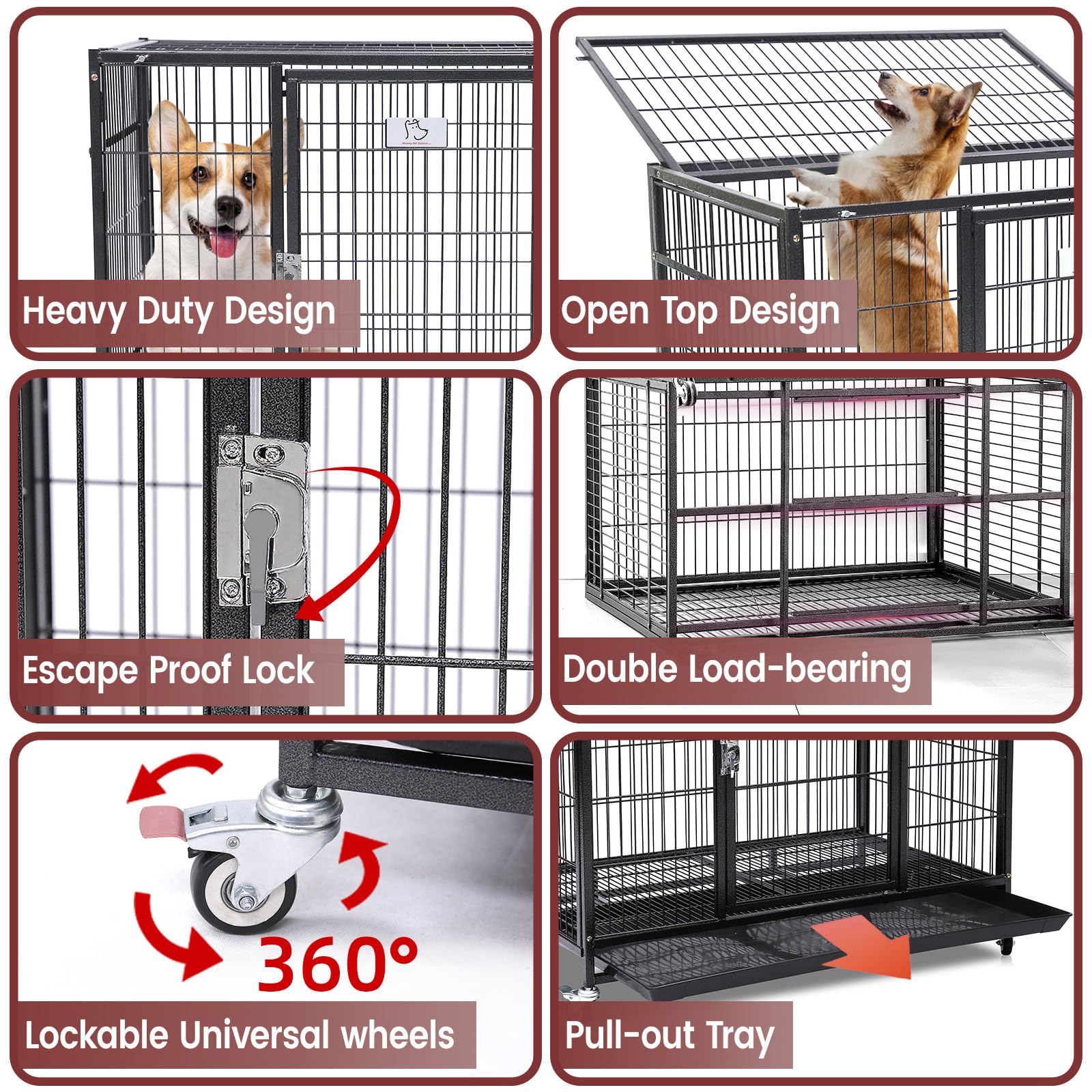 Homey Pet Three Levels 37 Inch Dog Crate, Escape Proof Dog Cage Kennel Indoor With Top Access And Lockable Wheels, Removable Tra
