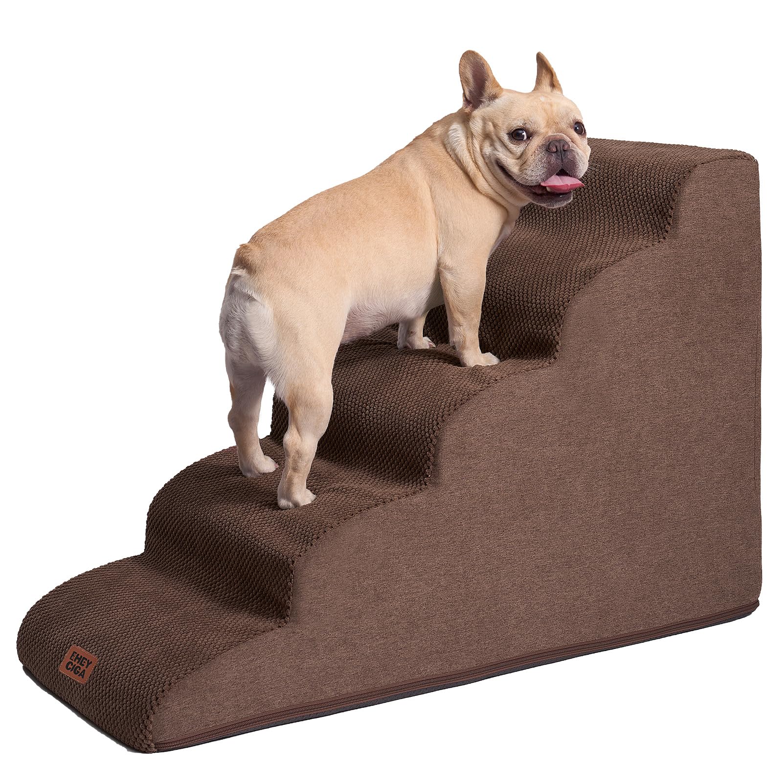 Eheyciga Curved Dog Stairs Ramp For High Beds 22.6' H, 5-Step Dog Steps For Small Dogs And Cats, Pet Stairs For High Bed Climbing, Non-Slip Balanced Pet Step Indoor, Brown