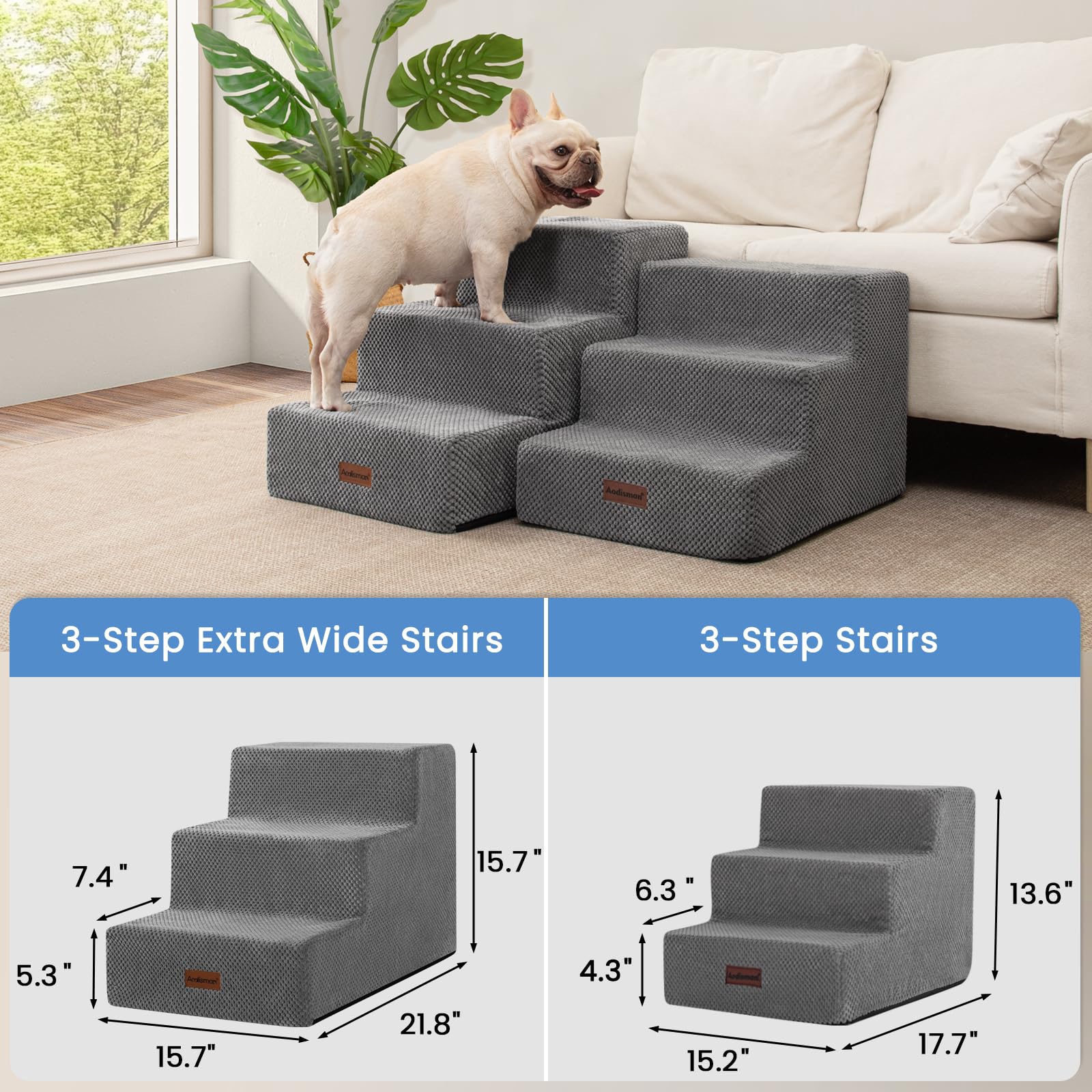 Aodisman Dog Stairs for Small Dogs & Cats,3-Step Extra Wide Non-Slip Pet Steps for Couch Sofa and Chair,Grey,15.7 H