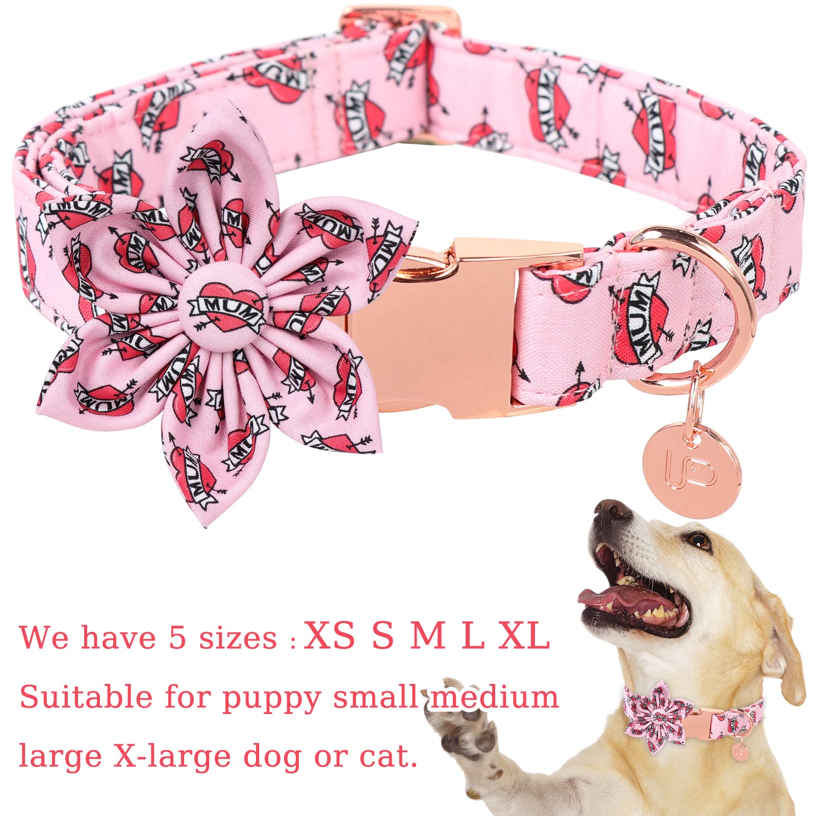 Up Urara Pup Mothers Dog Collar With Flower, Cute Cotton Girl Dog Collar, Adorable Pink Flower Collar For Large Girl Dog, Comfor