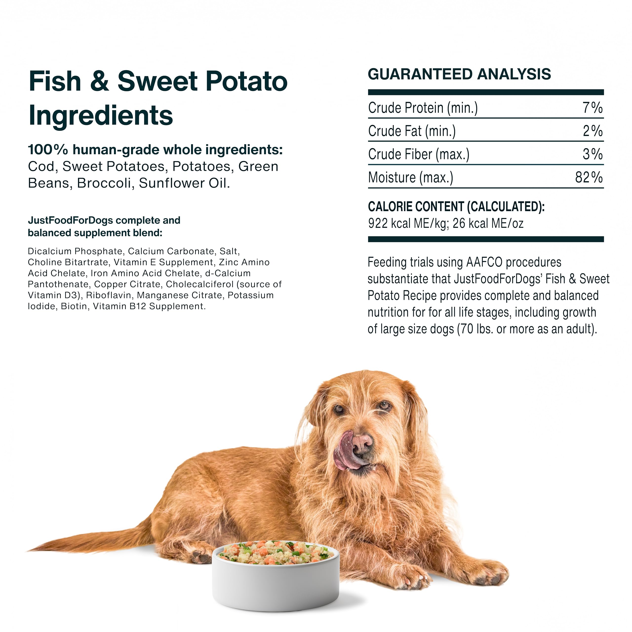 JustFoodForDogs Frozen Fresh Dog Food, Complete Meal or Dog Food Topper, Fish & Sweet Potato Human Grade Dog Food Recipe, 18 oz