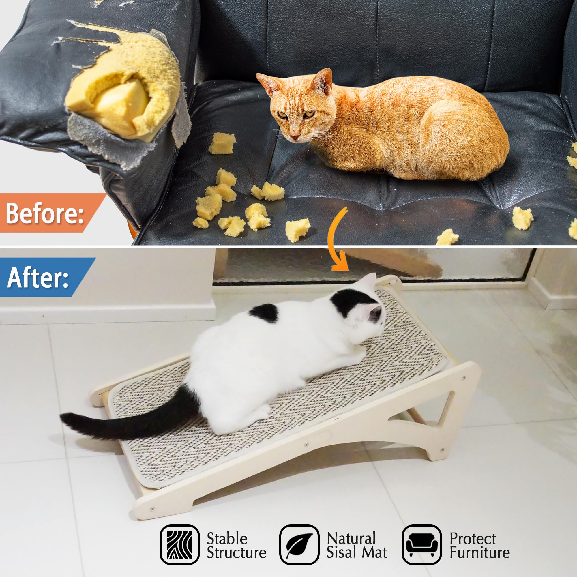PETKARAY Cat Scratcher Ramp - L Shape Sisal Pad, 27" Wall Protector with Mouse Toy, Chevron Design