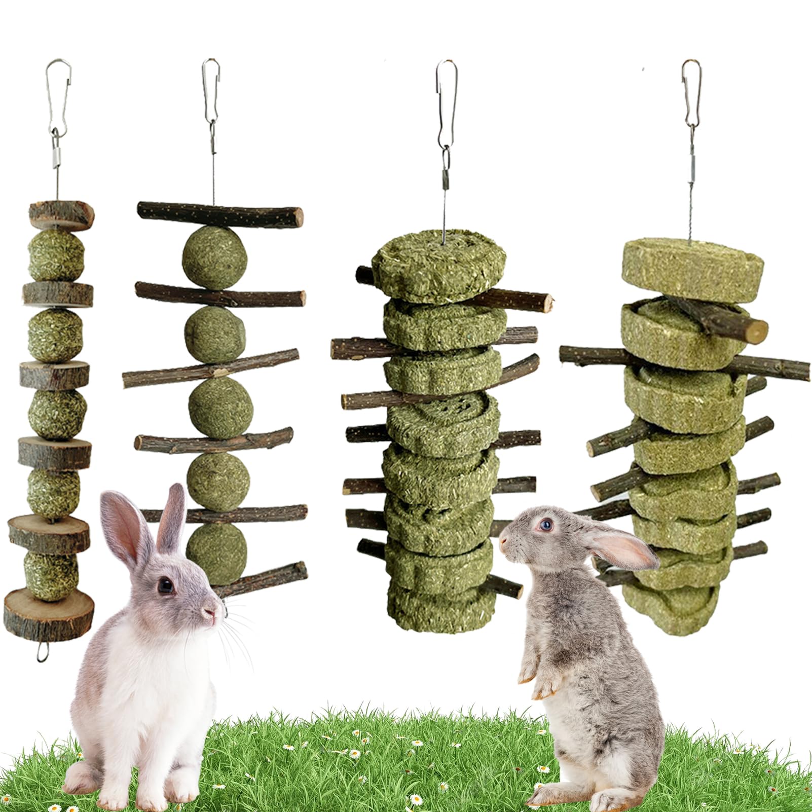 LWINGFLYER 4 Pack Bunny Chew Toys Apple Wood Chews Rabbit Cage Hanging Grass Cake Snack Treat for Teeth Grinding Improve Small P