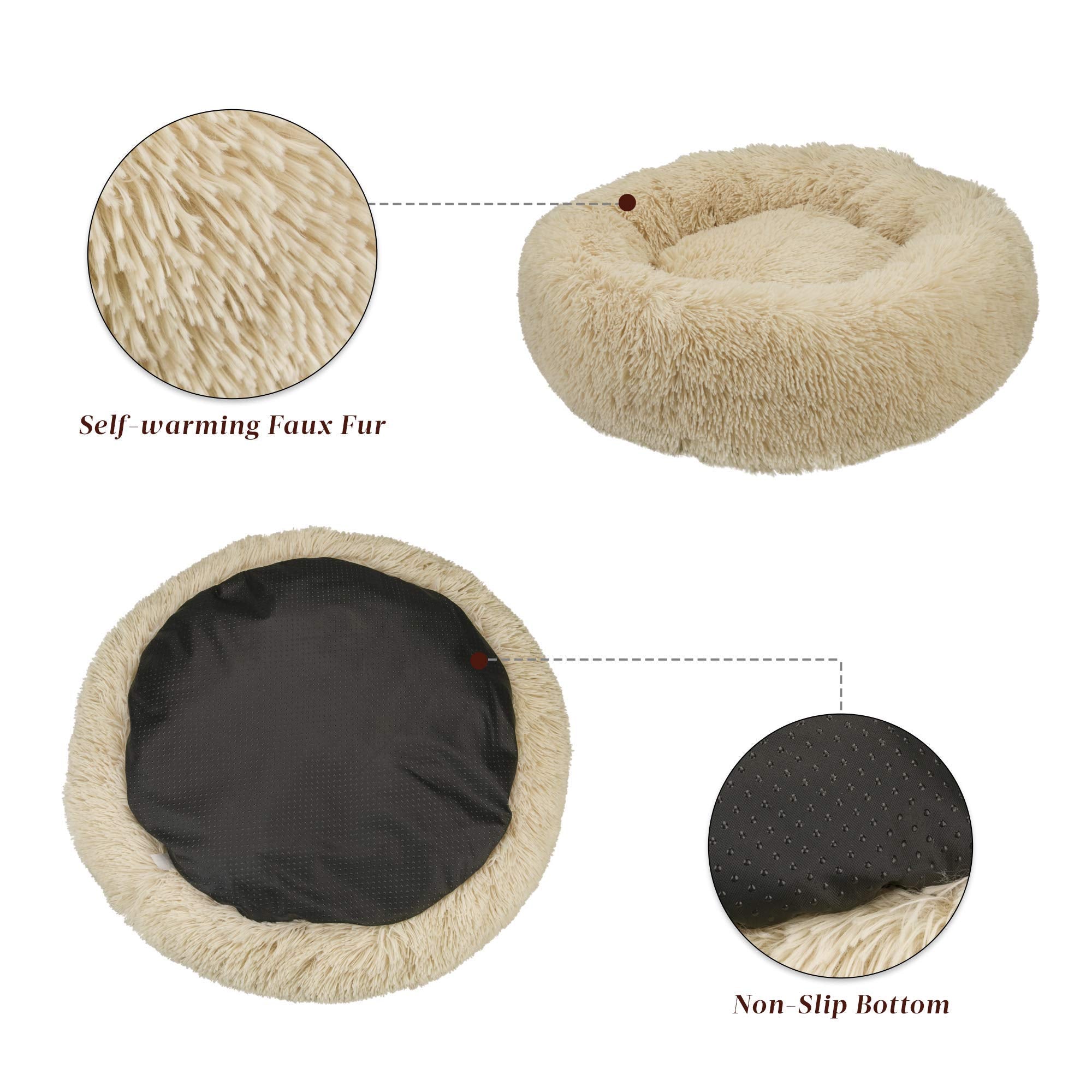 Qucey Calming Cat Beds for Indoor Cats, Anti Anxiety Round Fluffy Plush Faux Fur Cat Bed, Washable 23 inches Small Dog Bed & Cat