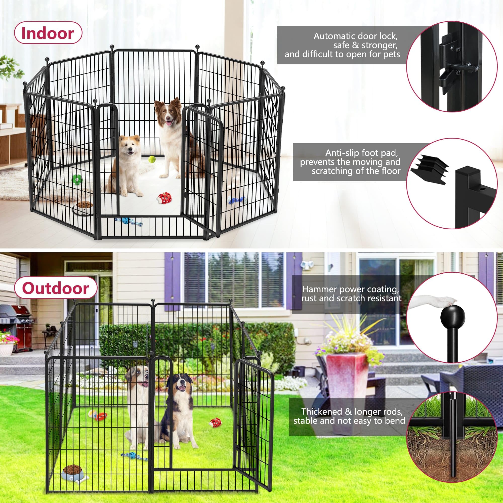 Jhsomdr Dog Playpen 40 inch 10 Panels Indoor Dog Pen for Large/Medium/Small Dogs Heavy Duty Metal Dog Fence Outdoor for Yard, Pu