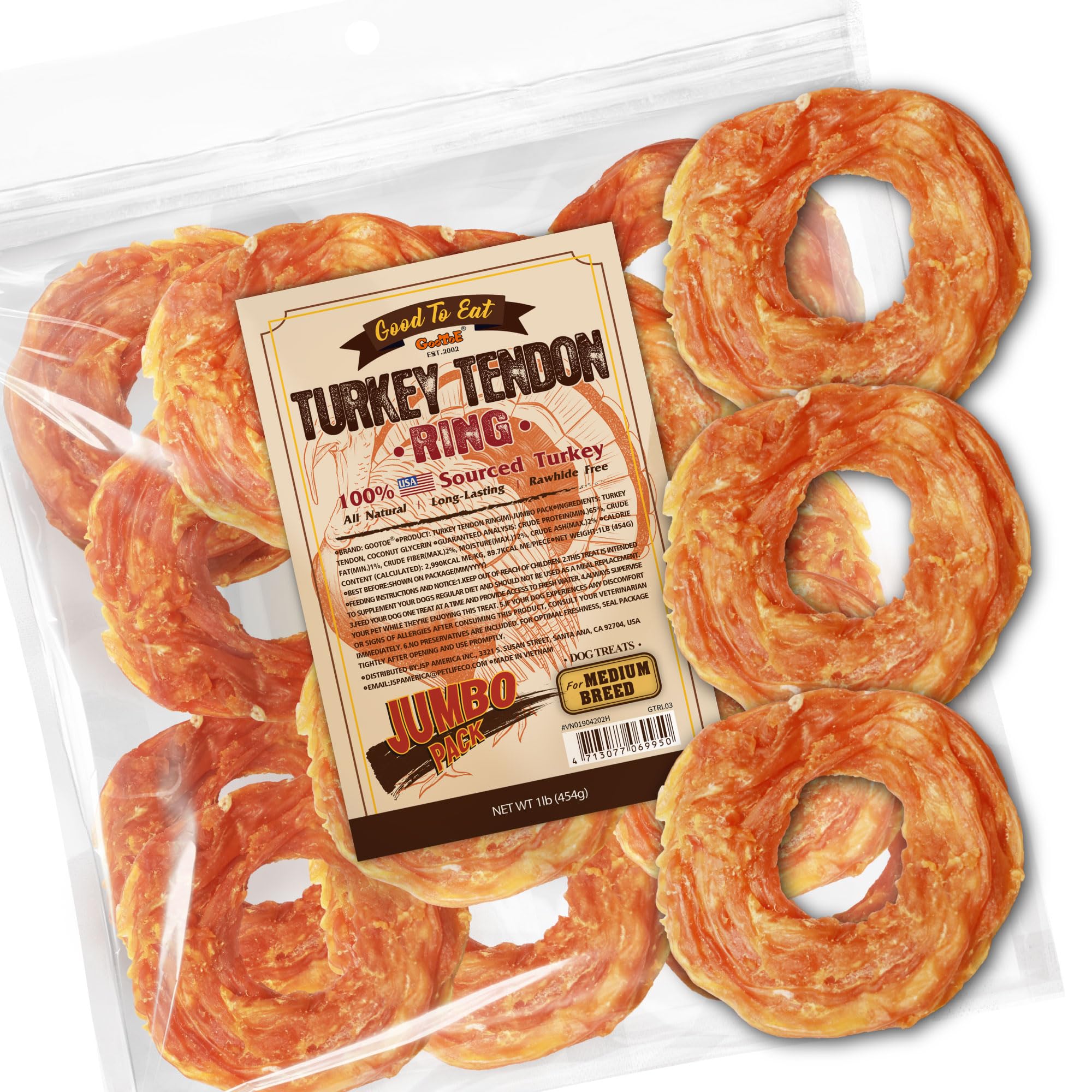 Gootoe Turkey Tendon Dog Treats, Ring (M) 1 lb, 100% USA Sourced Turkey, Natural Snack, Premium Puppy Chews, Hypoallergenic, Raw