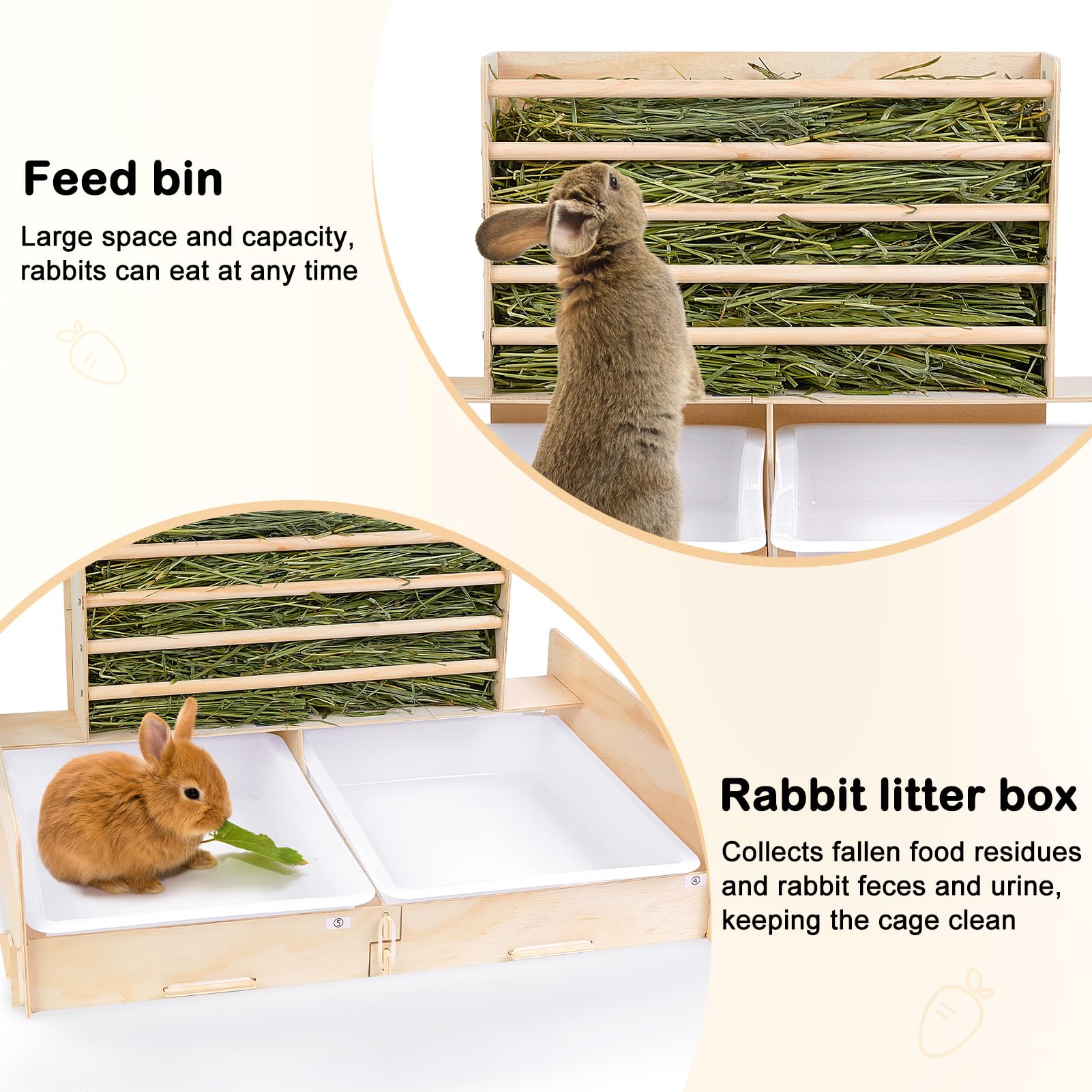 Glittme 2 In 1 Rabbit Litter Box With Hay Feeder Wood Mess Proof Bunny Litter Box With 2 Basins For Dwarf Rabbit, Bunny