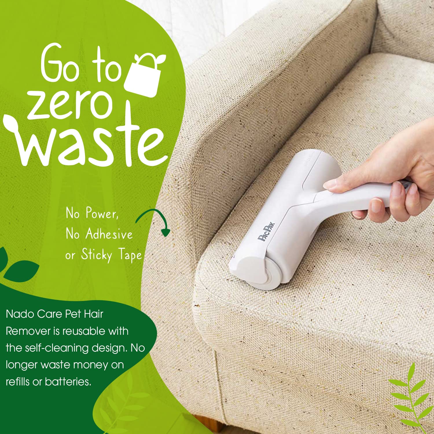 Nado Care Pet Hair Remover - Lint Roller - Self Cleaning Dog & Cat Fur Remover - Remove Dog, Cat Hair From Furniture, Carpets, Bedding, Clothing, Couch, Car Seat White