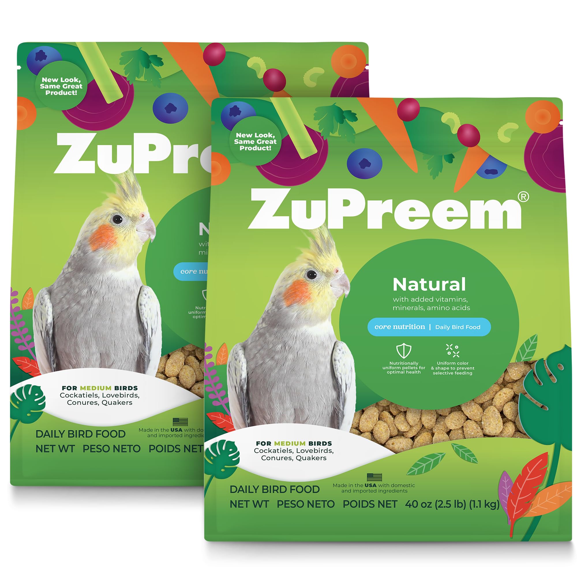 ZuPreem Natural Pellets Bird Food for Medium Birds, 2.5 lb (Pack of 2) - Daily Nutrition, Made in USA for Cockatiels, Quakers, L