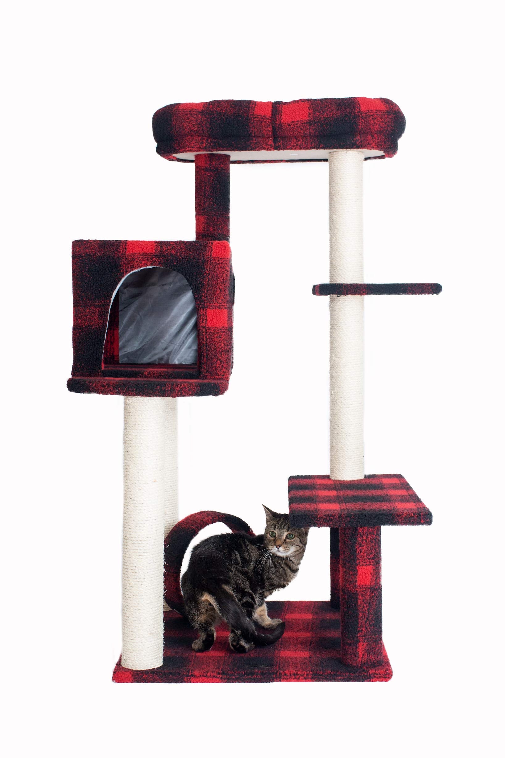 Armarkat Model B5008 50-Inch Real Wood Cat Tree With Veranda, Bench, Mini Perch, And Spacious Lounger In Scotch Plaid, Black/Red, 31''(L) X 28''(W) X 50''(H)