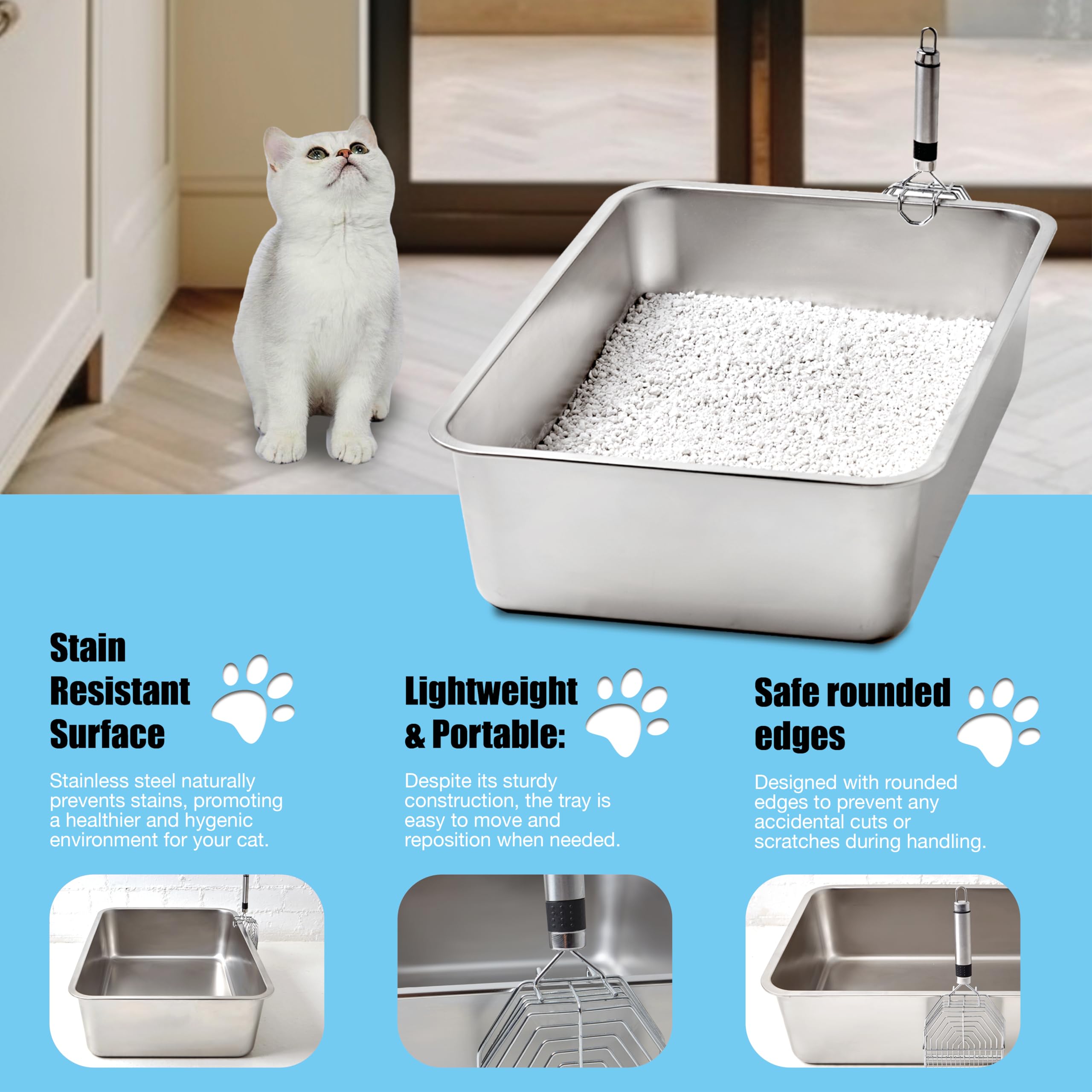 Stainless Steel Cat Litter Box With Scoop, Xl High Side Cats Toilet Metal Kitten Litter Pan, Pet Cleaning Tool For Big And Small